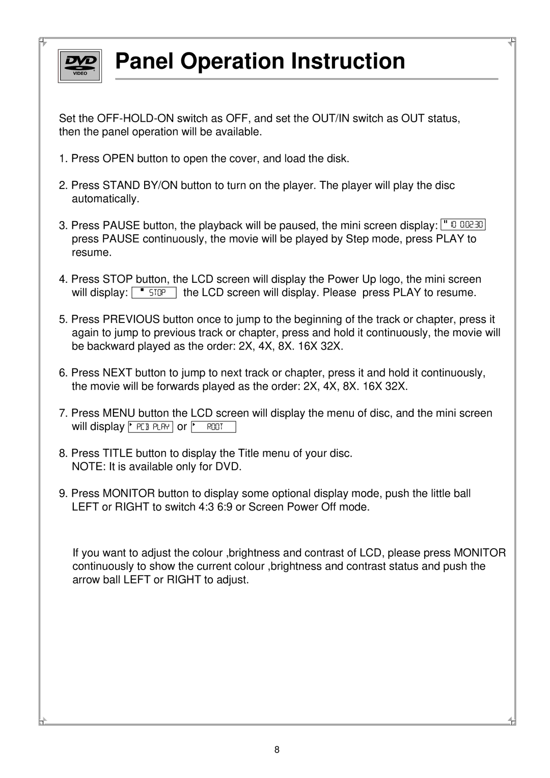 Palsonic PVP100 manual Panel Operation Instruction 