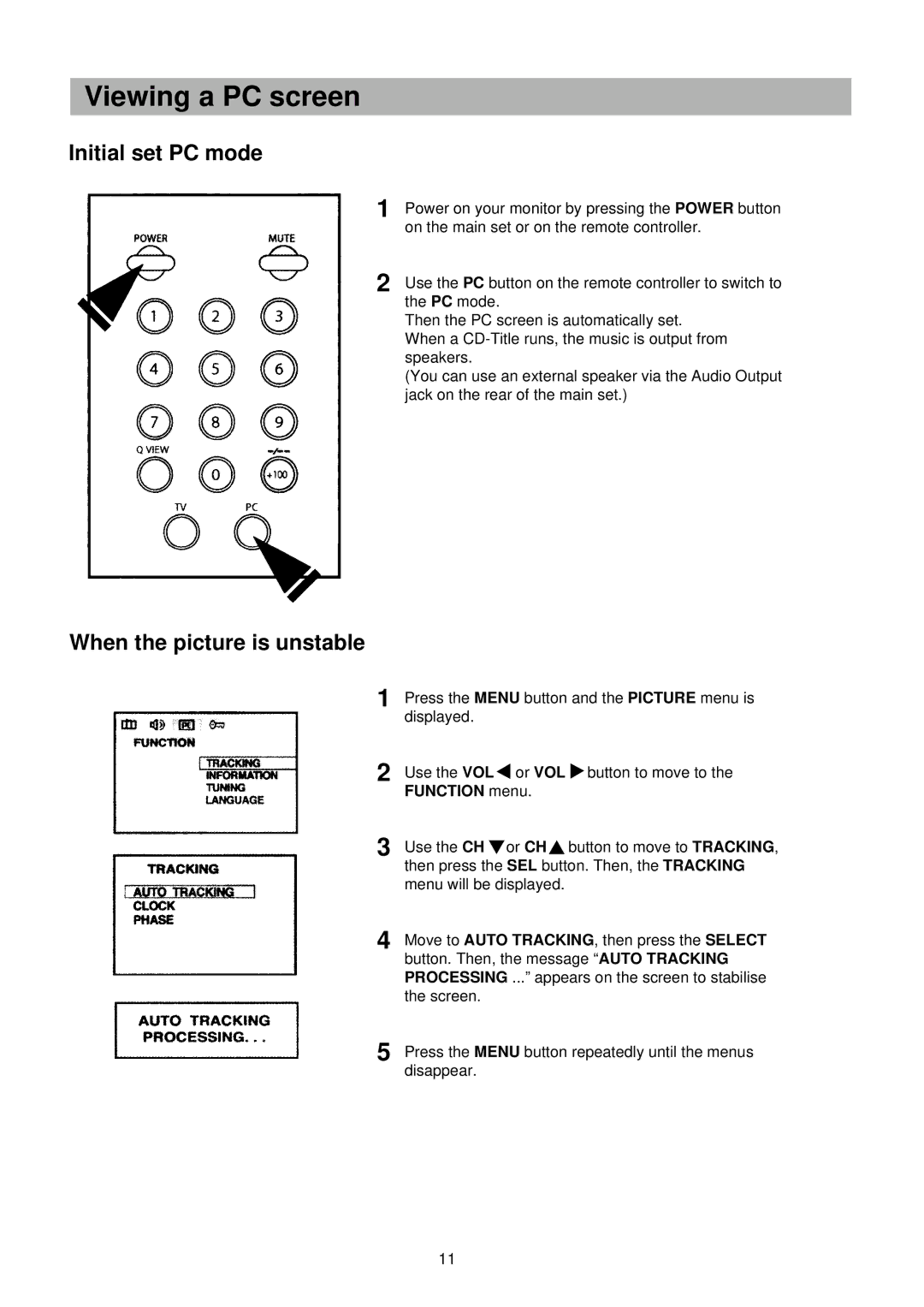 Palsonic TFTV-151 owner manual Viewing a PC screen, Initial set PC mode, When the picture is unstable 