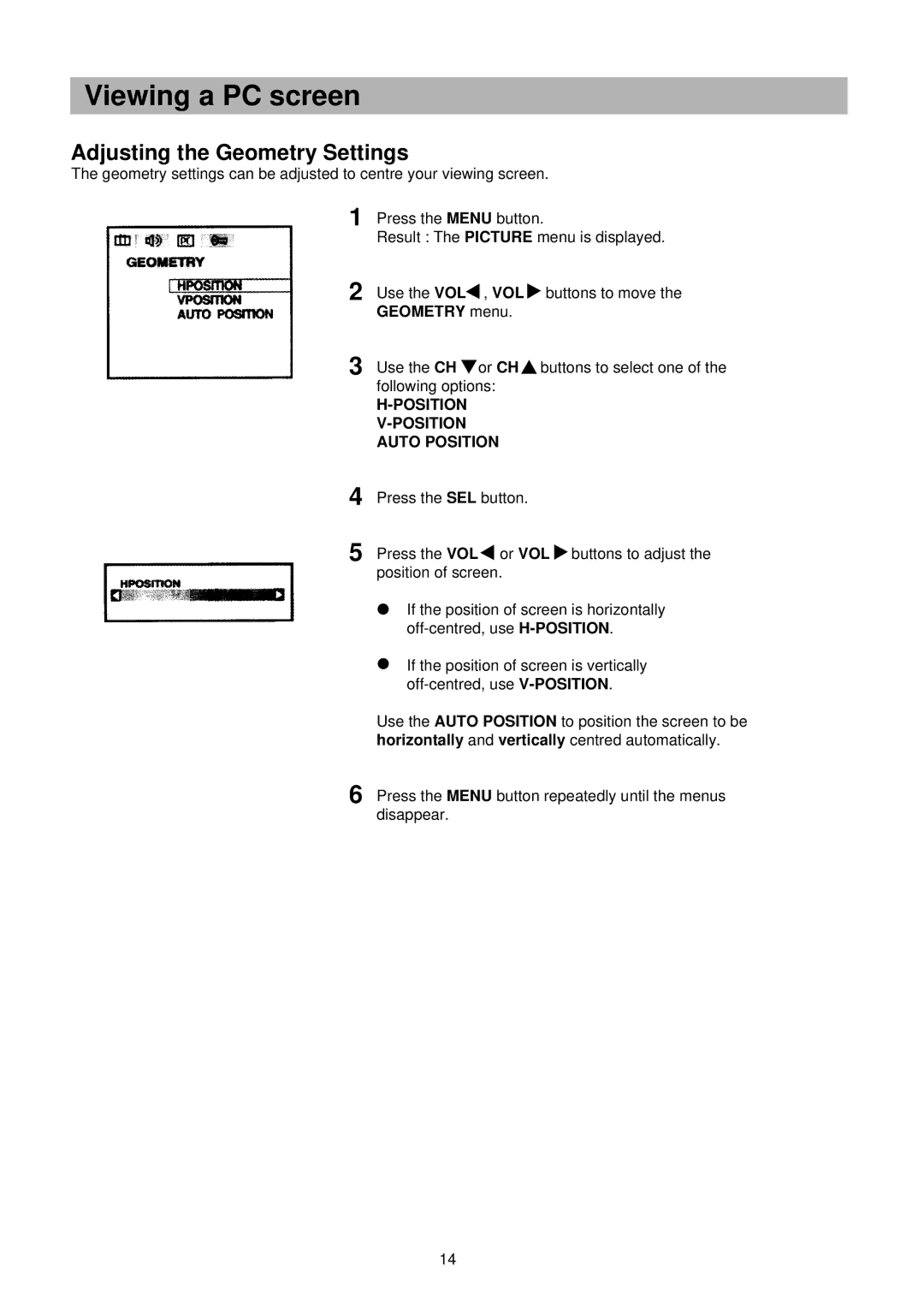 Palsonic TFTV-151 owner manual Adjusting the Geometry Settings, Position Auto Position 