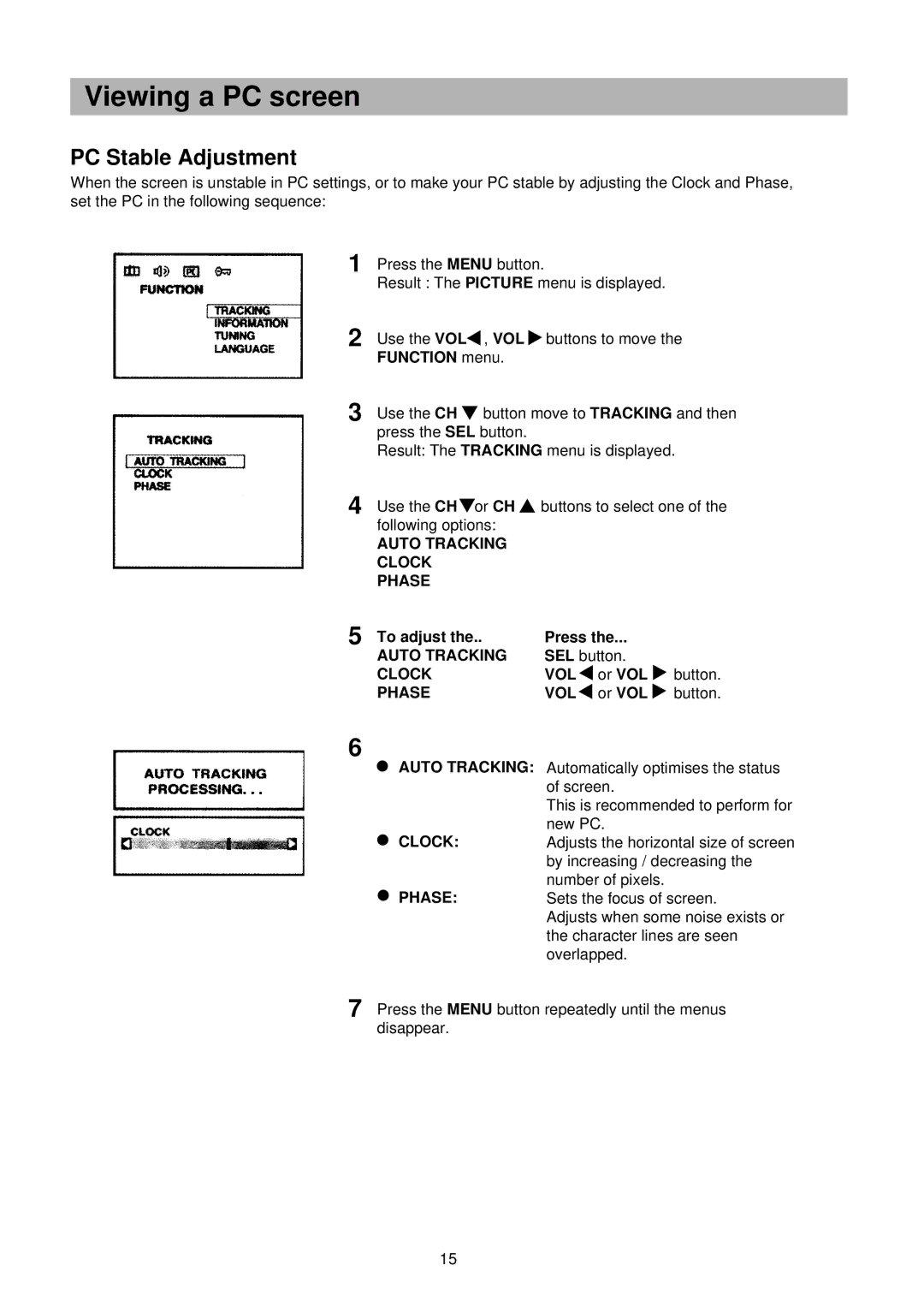 Palsonic TFTV-151 owner manual PC Stable Adjustment, Auto Tracking Clock Phase, Clock VOL, Phase VOL 