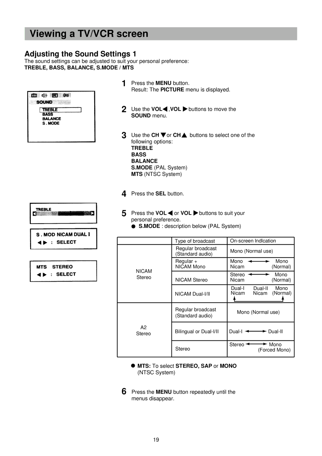 Palsonic TFTV-151 owner manual Treble, Bass, Balance, S.Mode / Mts, Treble Bass Balance 