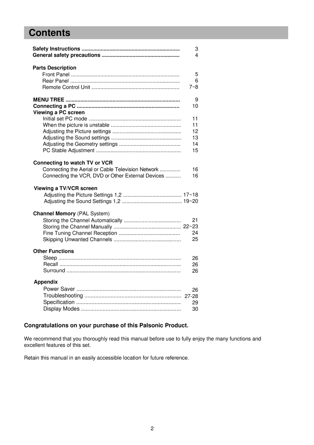 Palsonic TFTV-151 owner manual Contents 