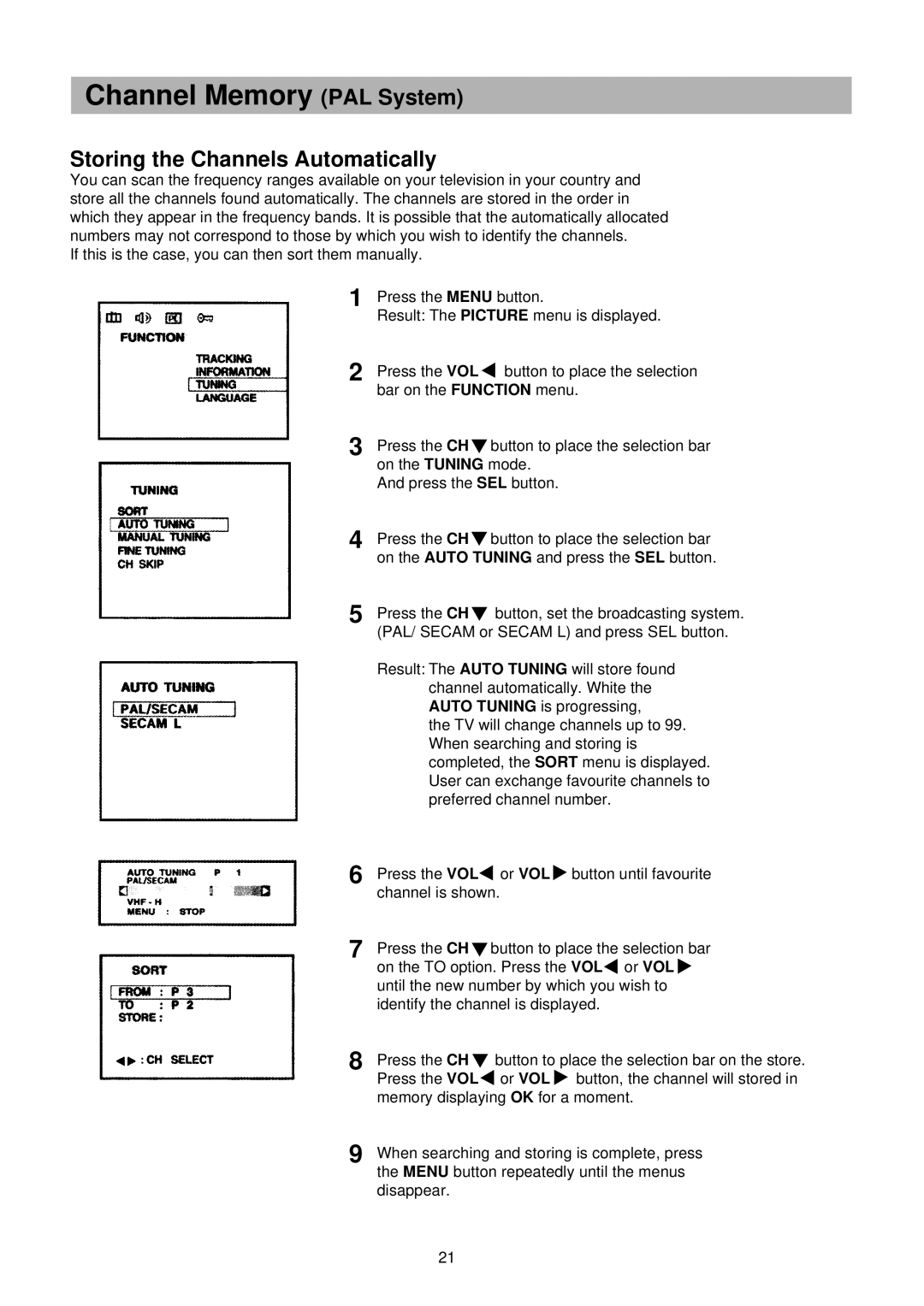 Palsonic TFTV-151 owner manual Channel Memory PAL System, Storing the Channels Automatically 