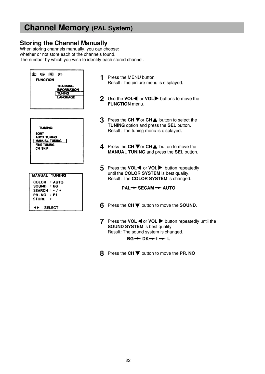 Palsonic TFTV-151 owner manual Storing the Channel Manually, PAL Secam Auto 