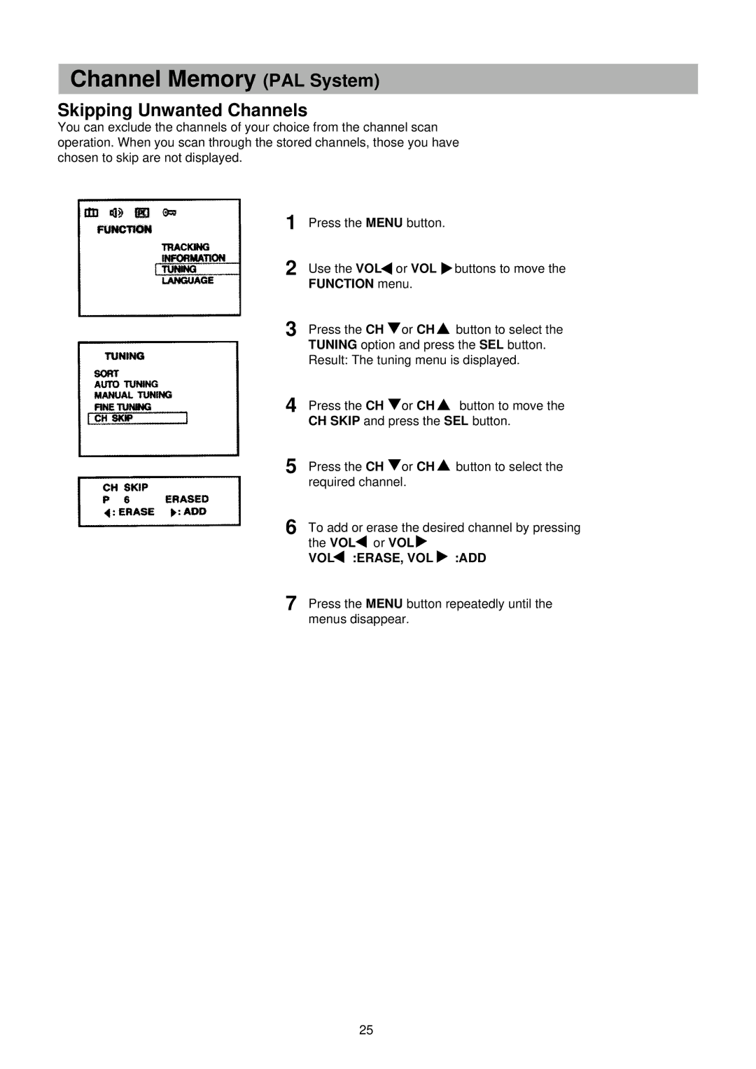 Palsonic TFTV-151 owner manual Skipping Unwanted Channels, Vol Erase, Vol Add 