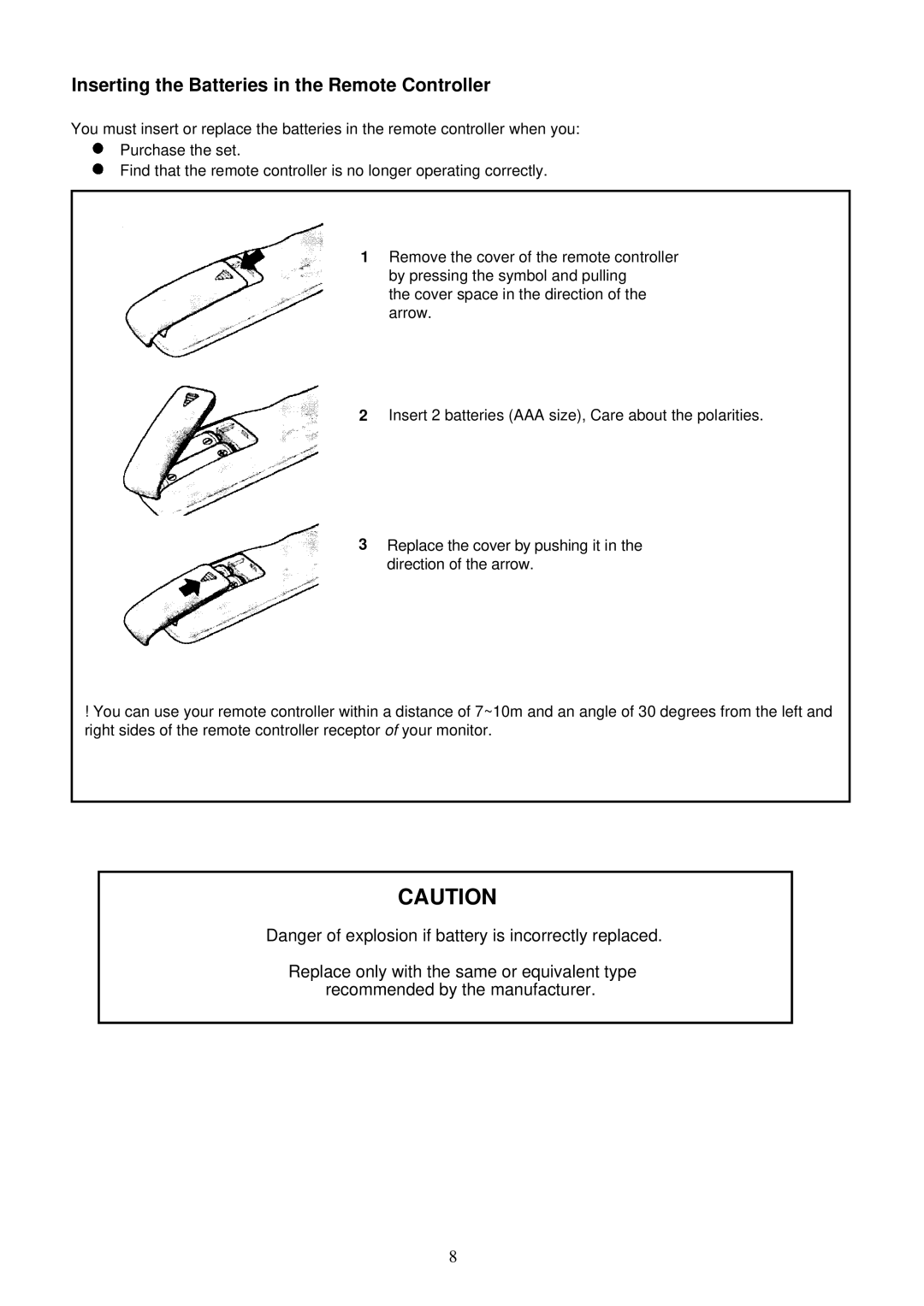 Palsonic TFTV-151 owner manual Inserting the Batteries in the Remote Controller 