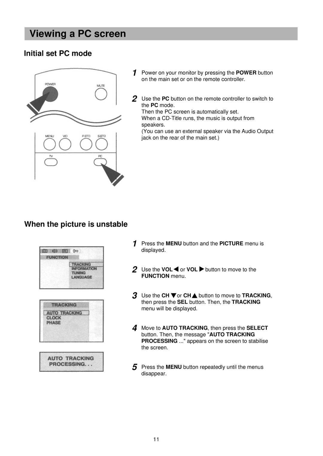 Palsonic TFTV-201 owner manual Viewing a PC screen, Initial set PC mode, When the picture is unstable 