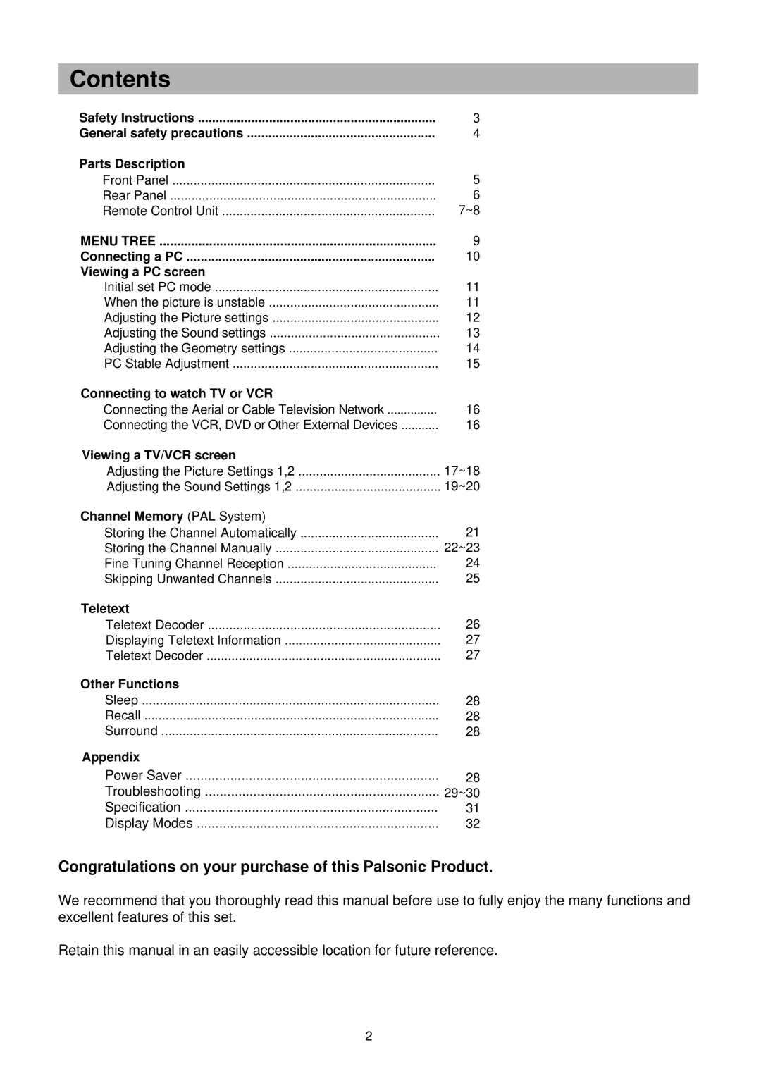 Palsonic TFTV-201 owner manual Contents 