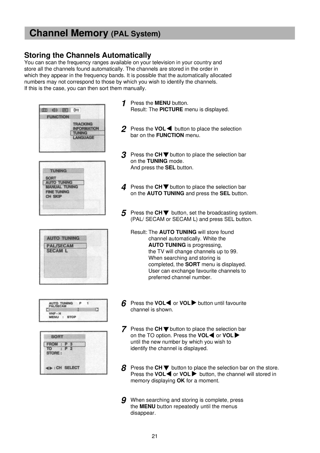 Palsonic TFTV-201 owner manual Channel Memory PAL System, Storing the Channels Automatically 