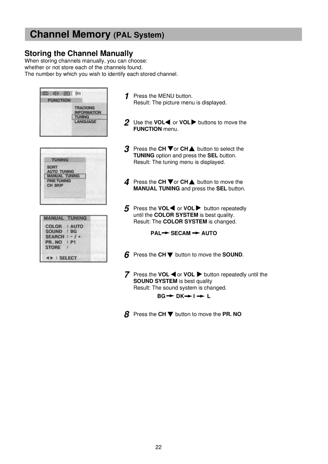 Palsonic TFTV-201 owner manual Storing the Channel Manually, Function menu, PAL Secam Auto 