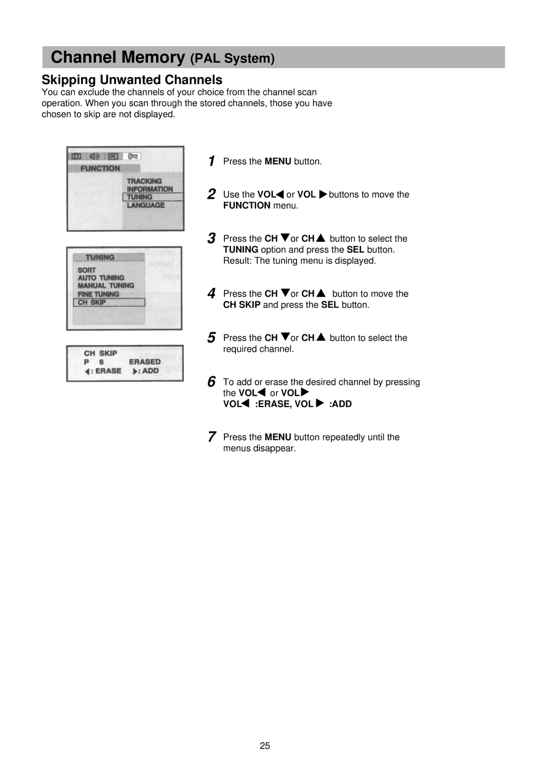 Palsonic TFTV-201 owner manual Skipping Unwanted Channels, Vol Erase, Vol Add 