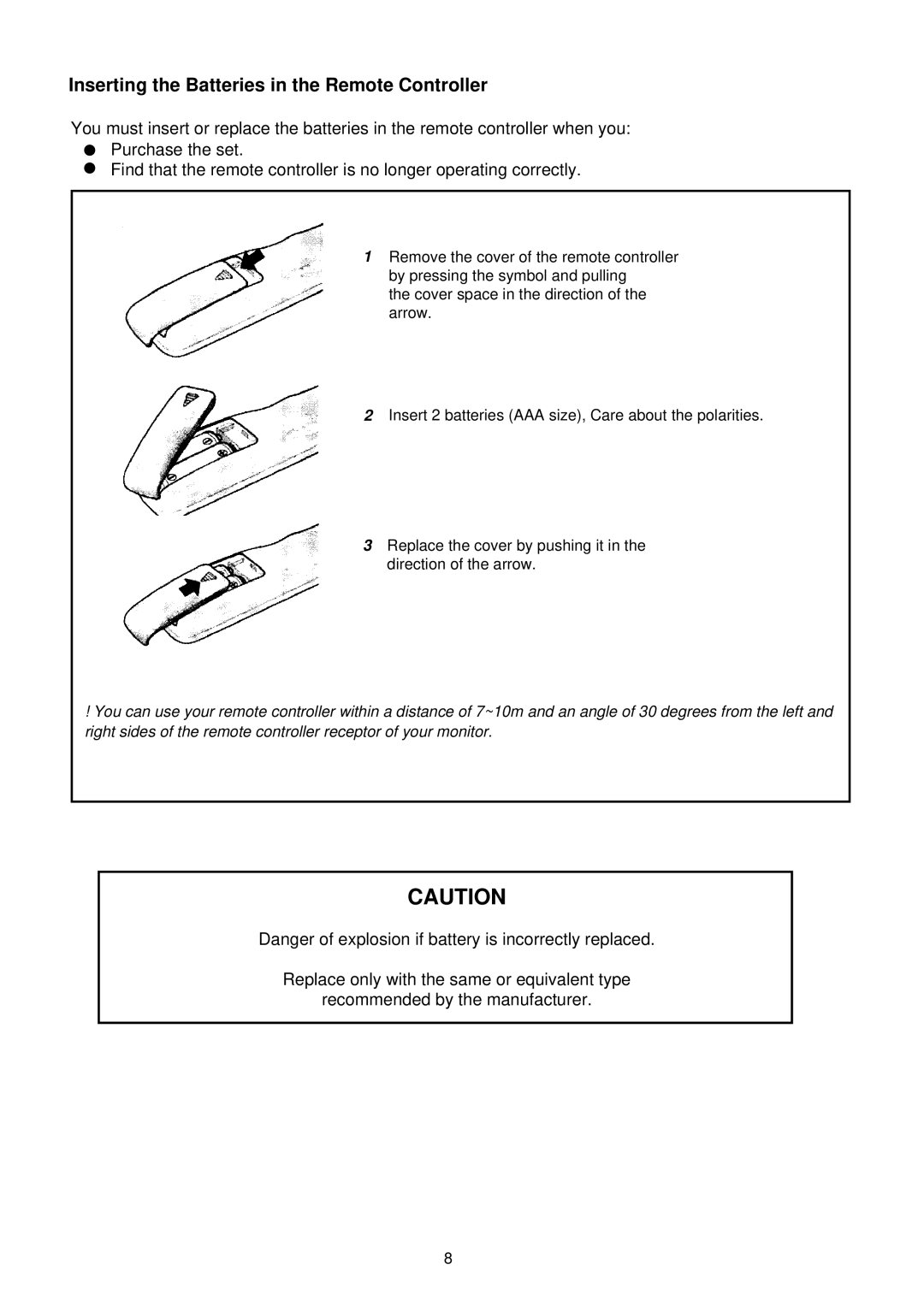 Palsonic TFTV-201 owner manual Inserting the Batteries in the Remote Controller 