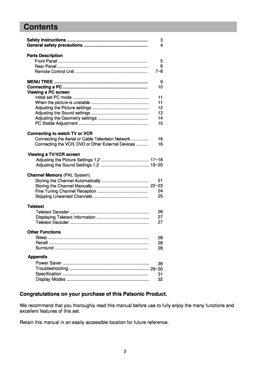 Palsonic TFTV-201 owner manual Contents, Congratulations on your purchase of this Palsonic Product 
