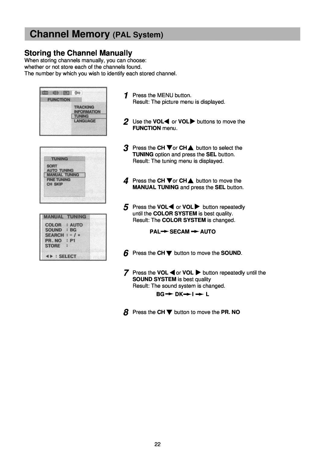 Palsonic TFTV-201 owner manual Storing the Channel Manually, Channel Memory PAL System 