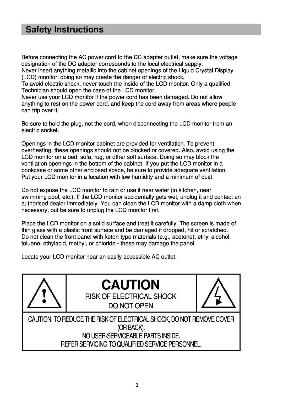 Palsonic TFTV-201 owner manual Safety Instructions, Caution To Reduce The Risk Of Electrical Shock, Do Not Remove Cover 