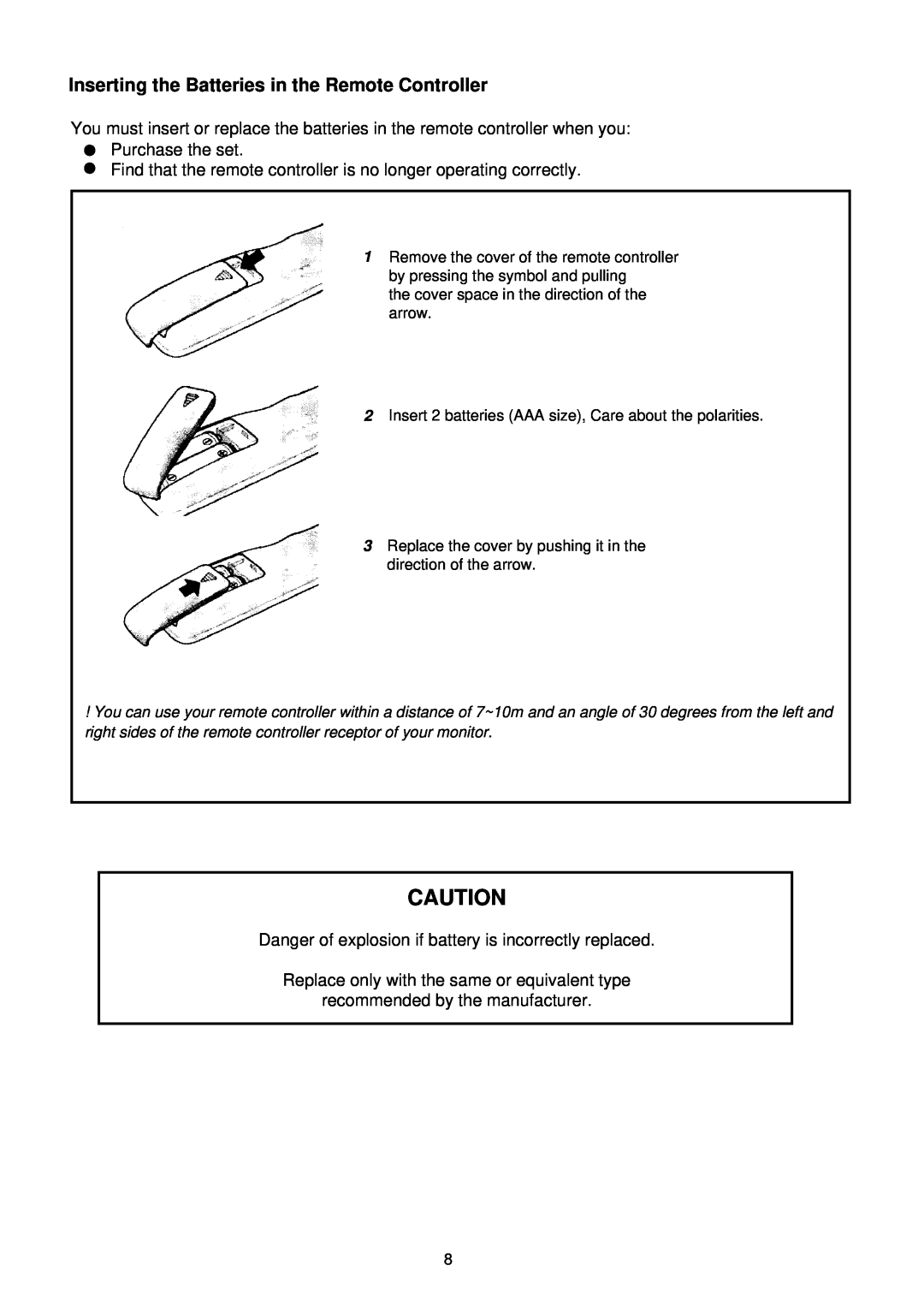 Palsonic TFTV-201 owner manual Inserting the Batteries in the Remote Controller 