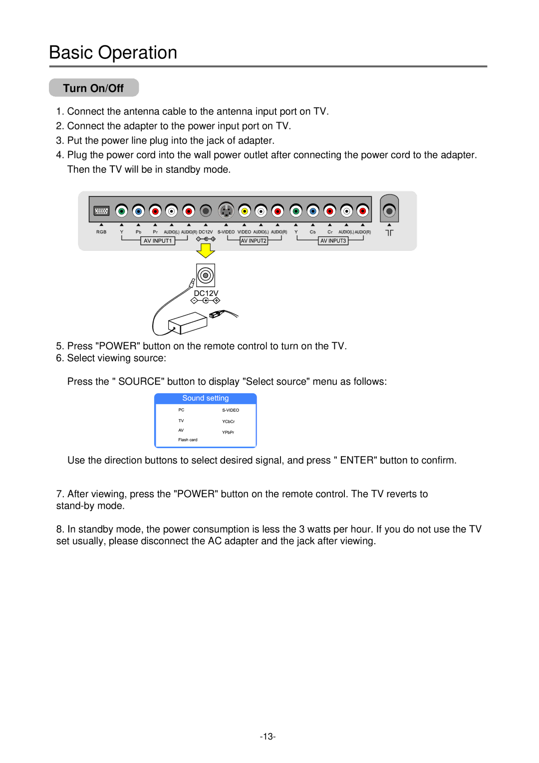 Palsonic TFTV-430 user manual Basic Operation, Turn On/Off 