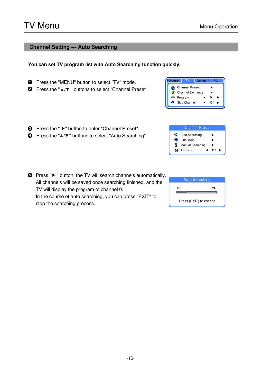 Palsonic TFTV-430 user manual TV Menu, Channel Setting --- Auto Searching 