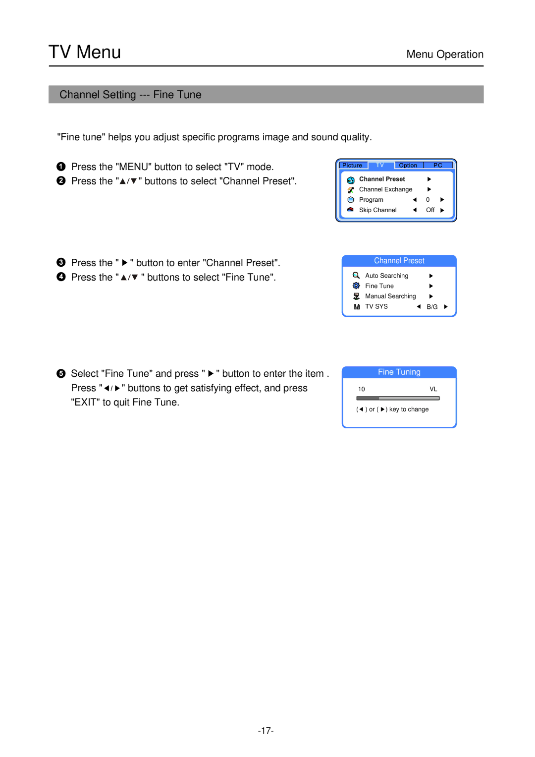 Palsonic TFTV-430 user manual Channel Setting --- Fine Tune 