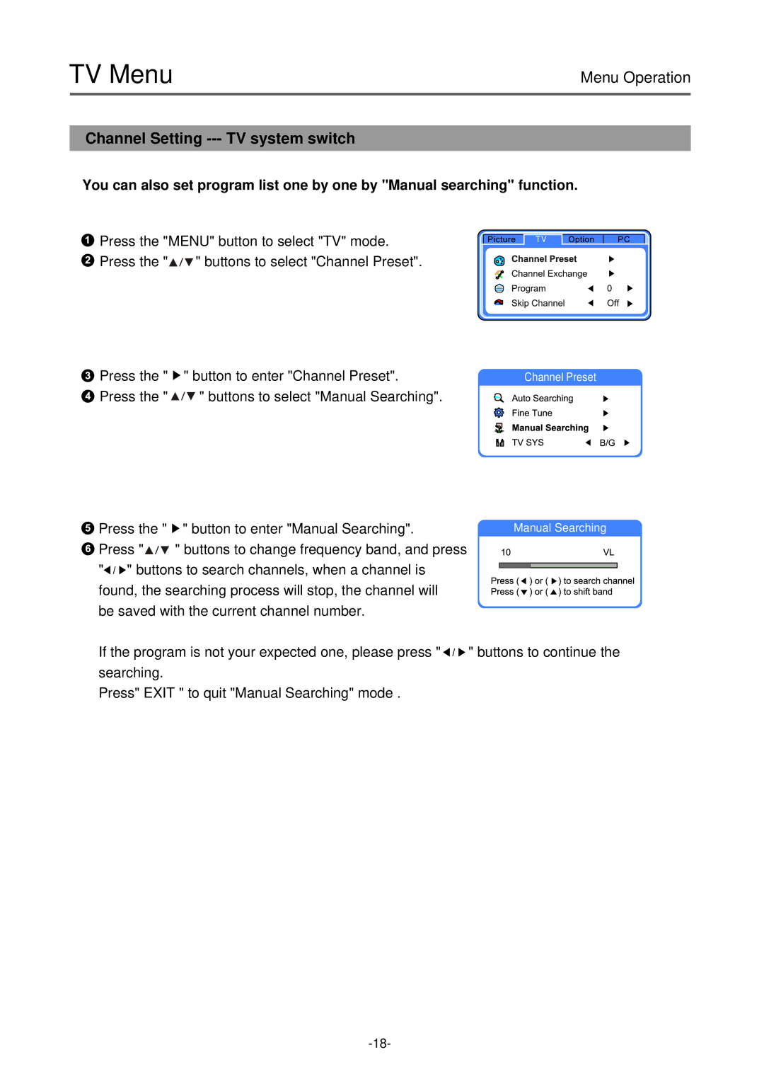 Palsonic TFTV-430 user manual Channel Setting --- TV system switch 