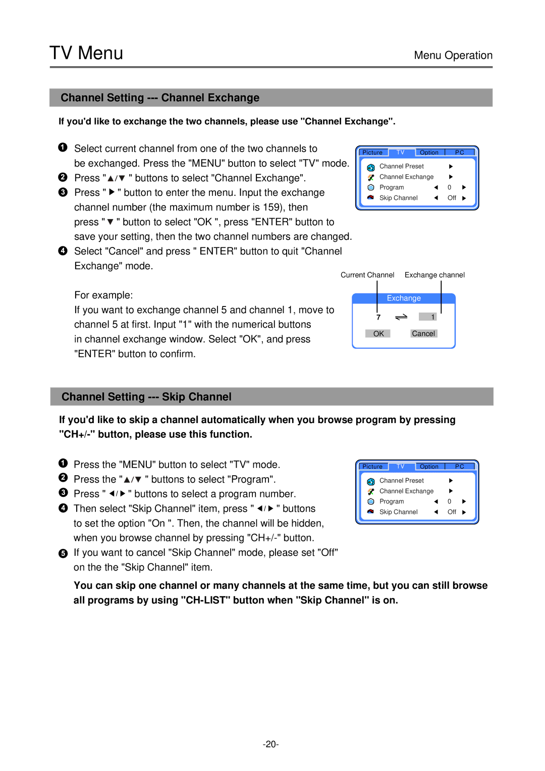 Palsonic TFTV-430 user manual Channel Setting --- Channel Exchange, Channel Setting --- Skip Channel 