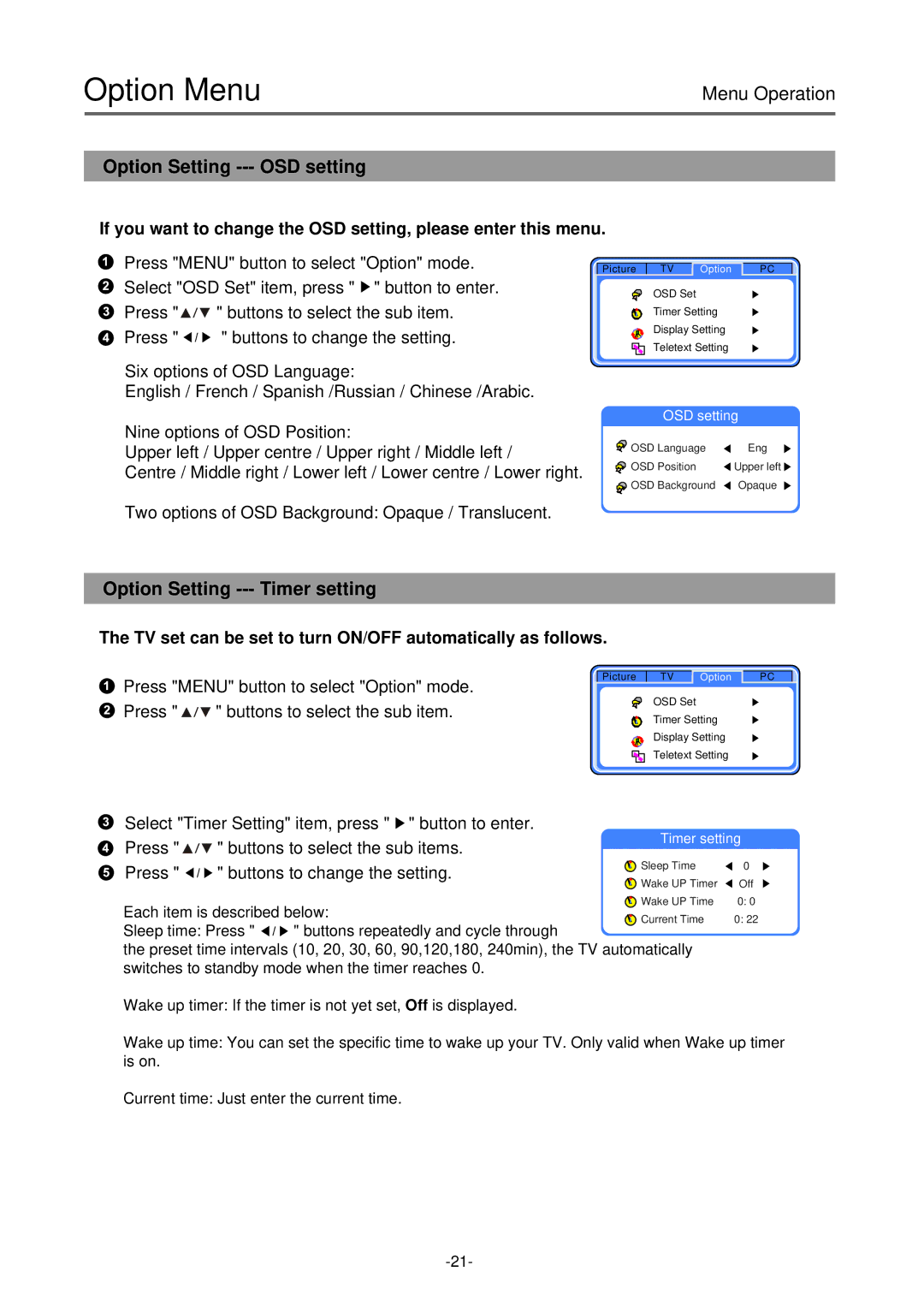 Palsonic TFTV-430 user manual Option Menu, Option Setting --- OSD setting, Option Setting --- Timer setting 