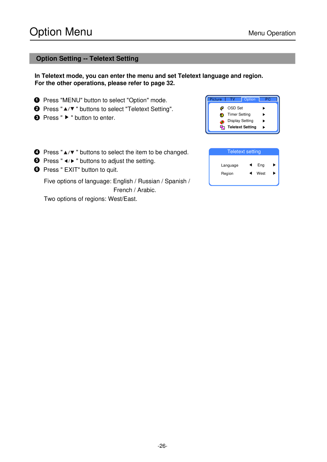 Palsonic TFTV-430 user manual Option Setting -- Teletext Setting 