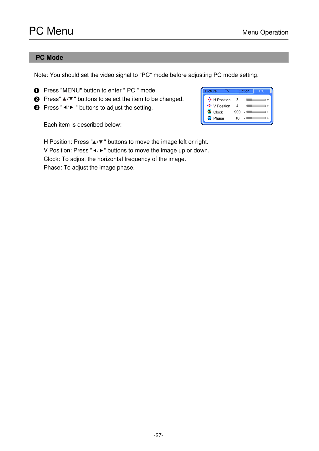 Palsonic TFTV-430 user manual PC Menu, PC Mode 