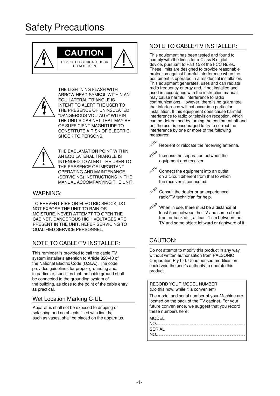 Palsonic TFTV-430 user manual Safety Precautions, Wet Location Marking C-UL 