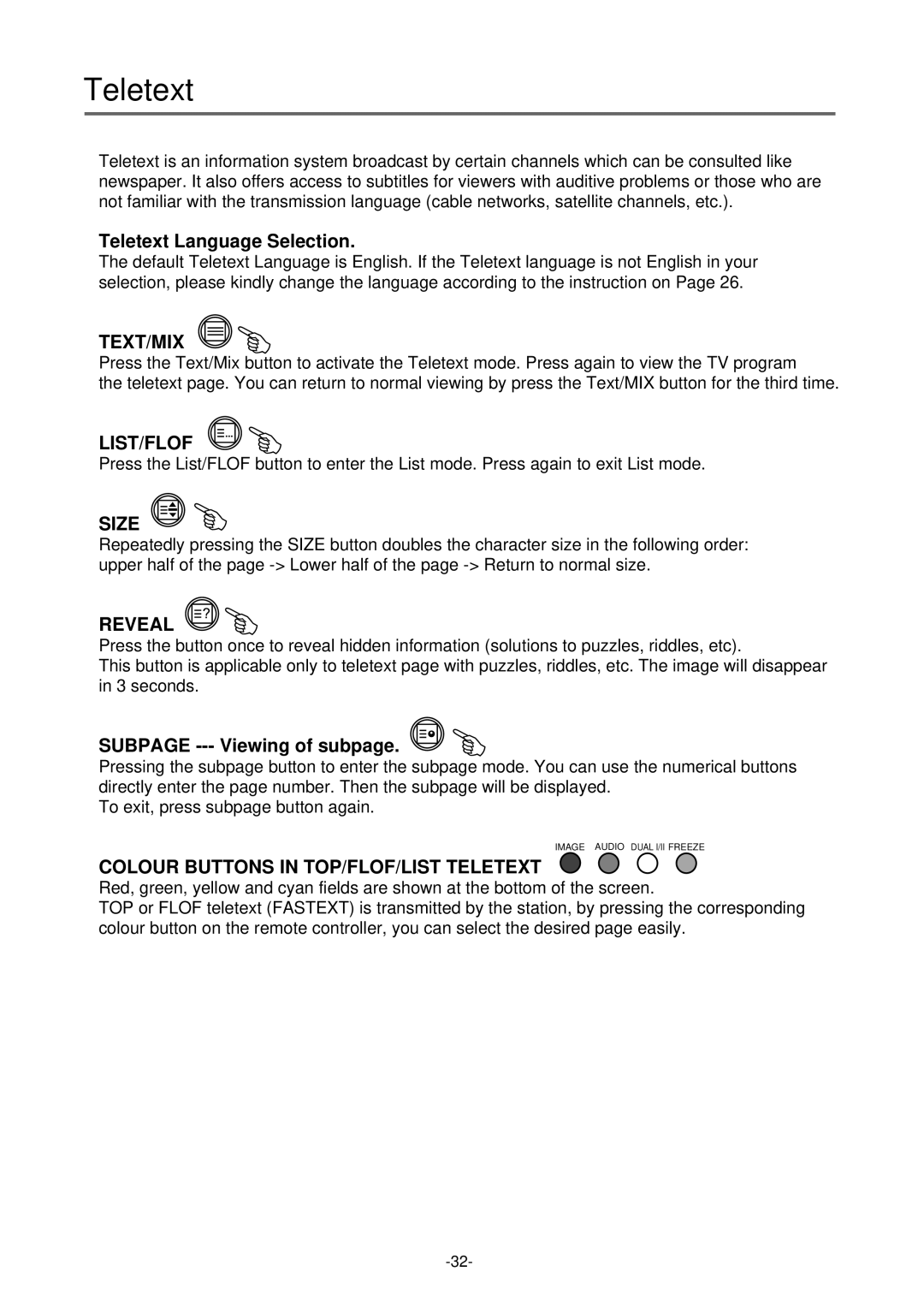 Palsonic TFTV-430 user manual Teletext Language Selection, Subpage --- Viewing of subpage 