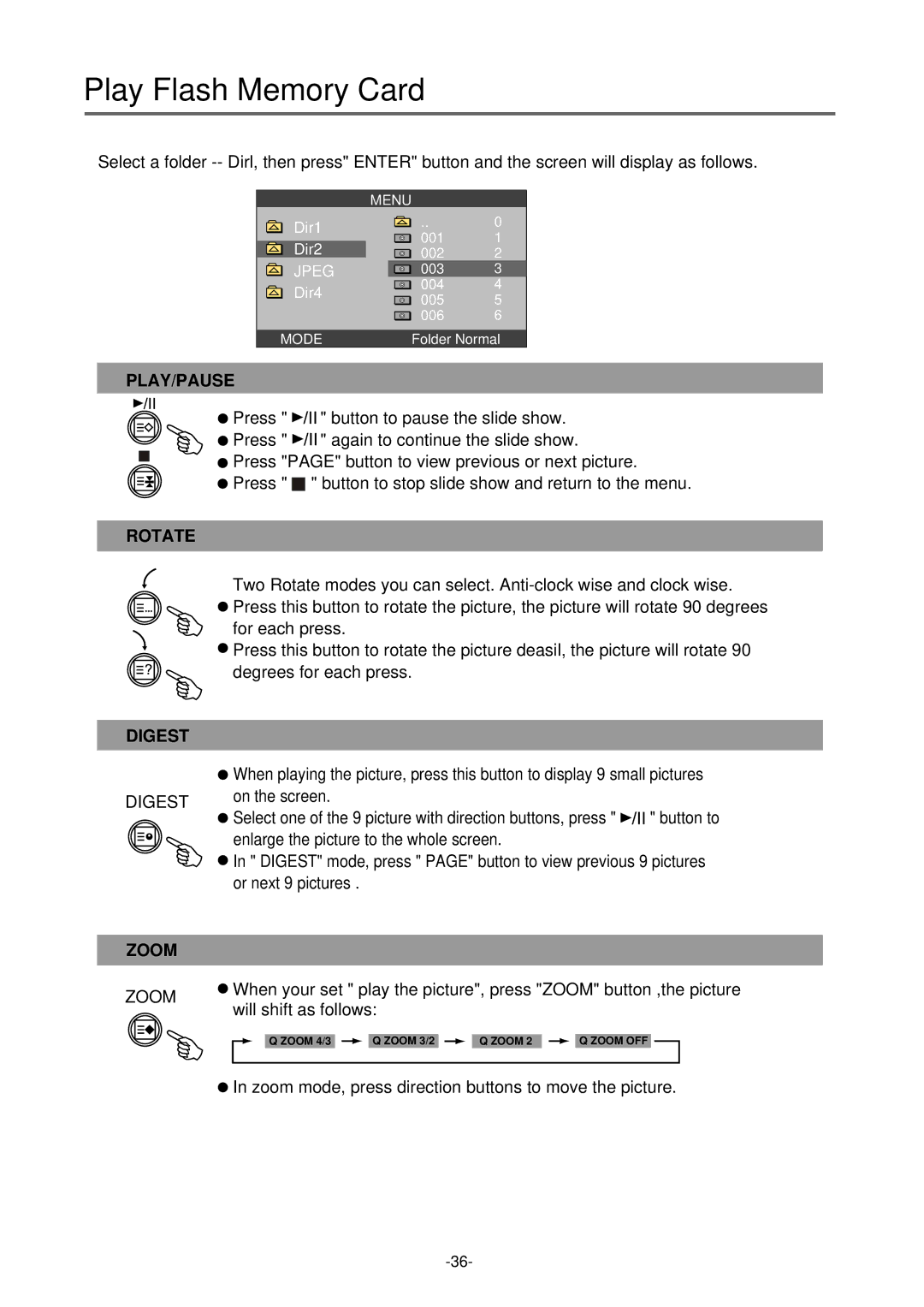 Palsonic TFTV-430 user manual PLAY/PAUSE Rotate Digest, Will shift as follows 