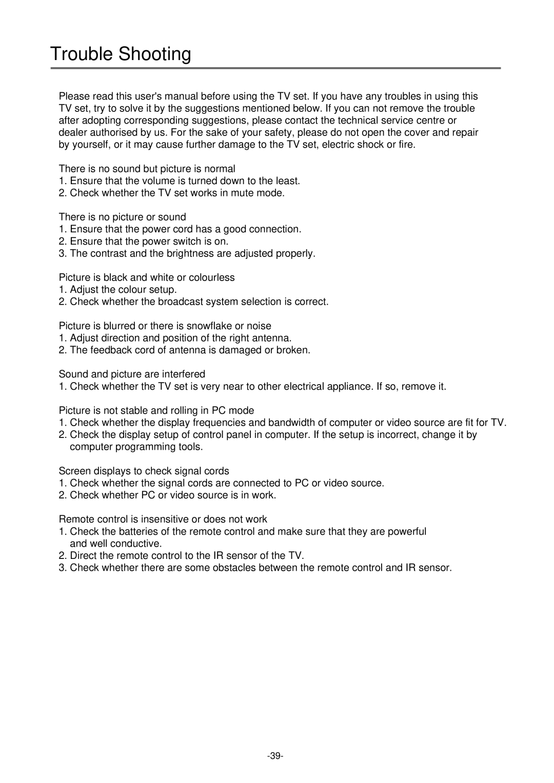 Palsonic TFTV-430 user manual Trouble Shooting 