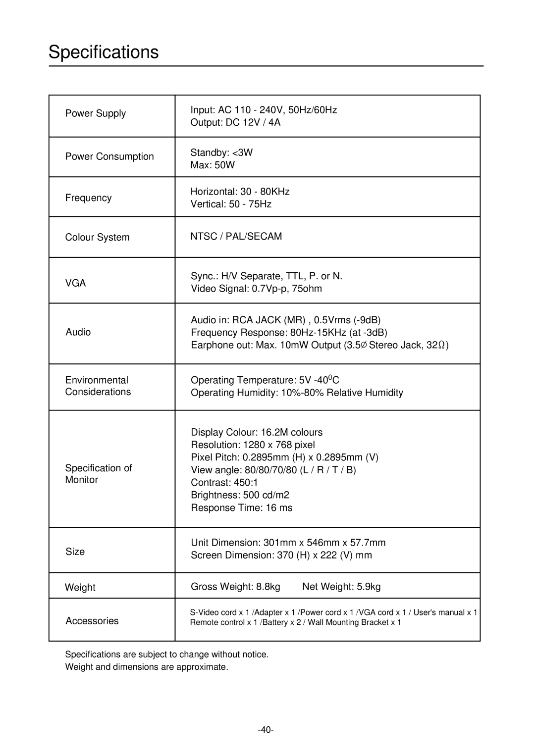 Palsonic TFTV-430 user manual Specifications, Ntsc / PAL/SECAM VGA 