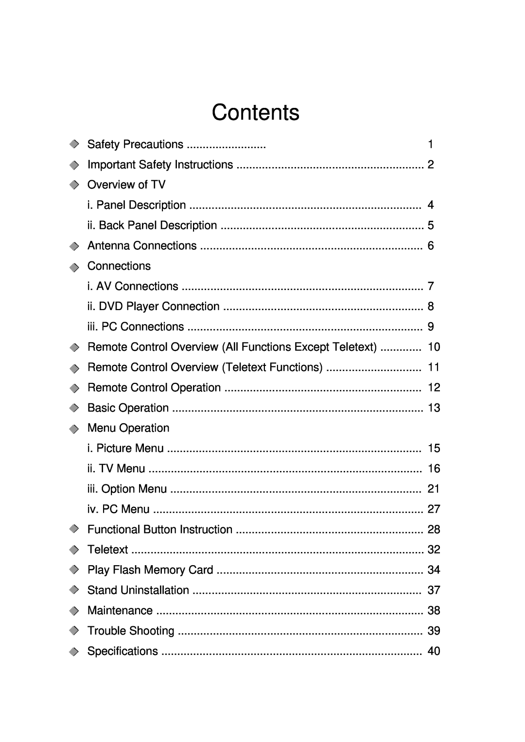 Palsonic TFTV-430 user manual Contents 