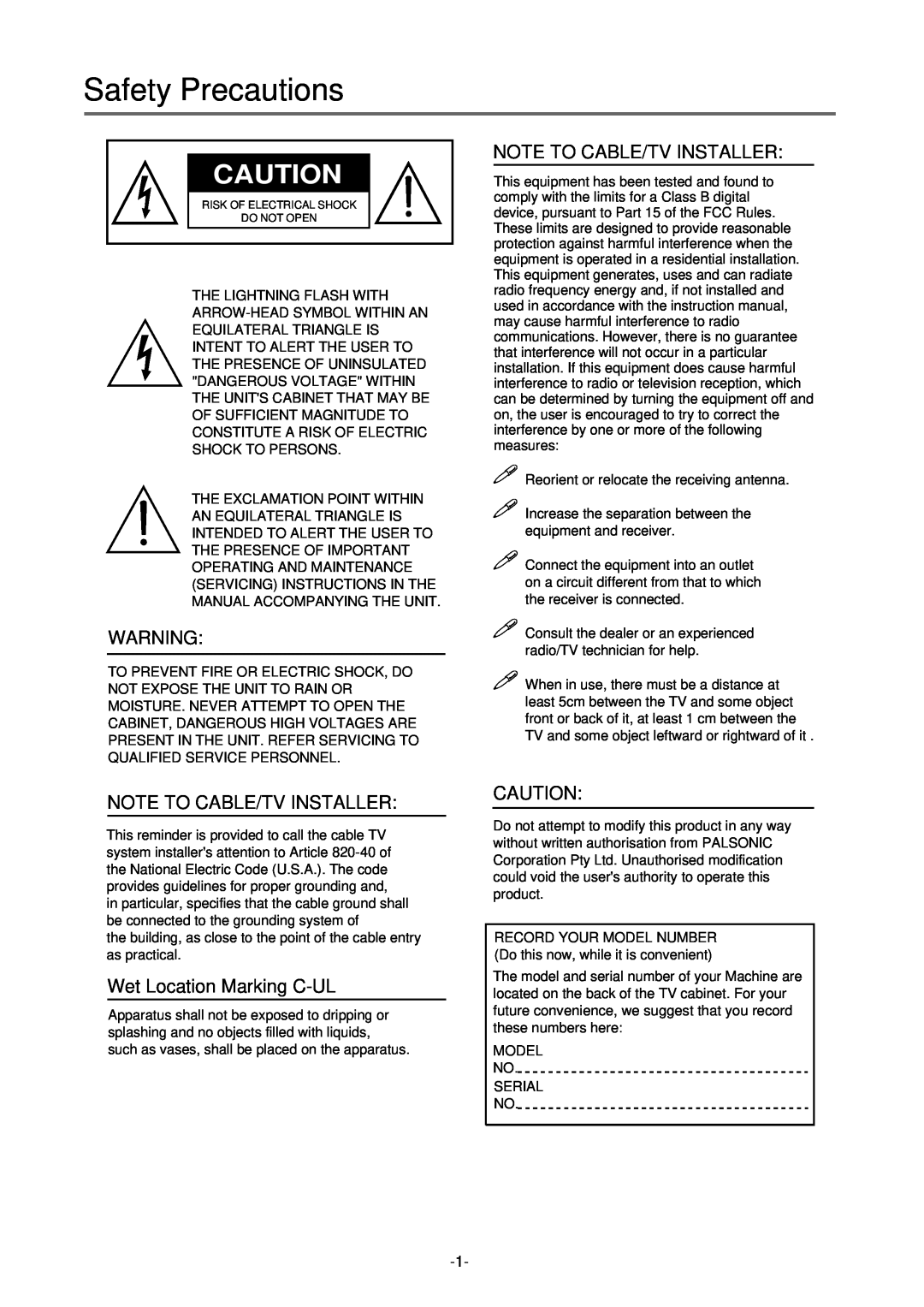 Palsonic TFTV-430 user manual Safety Precautions 
