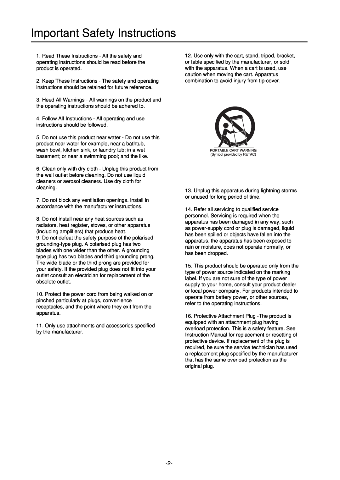 Palsonic TFTV-430 user manual Important Safety Instructions, PORTABLE CART WARNING Symbol provided by RETAC 