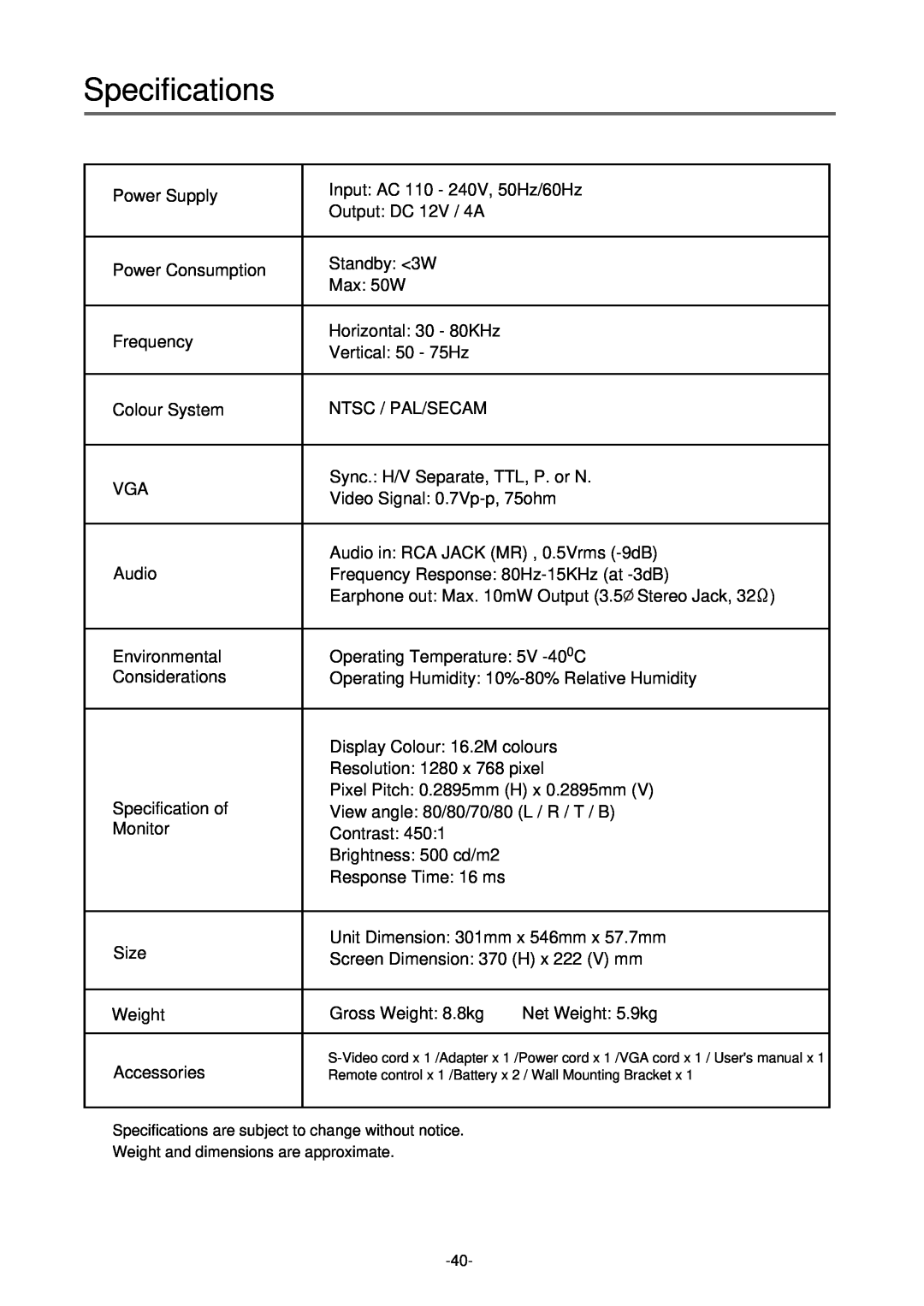 Palsonic TFTV-430 user manual Specifications 