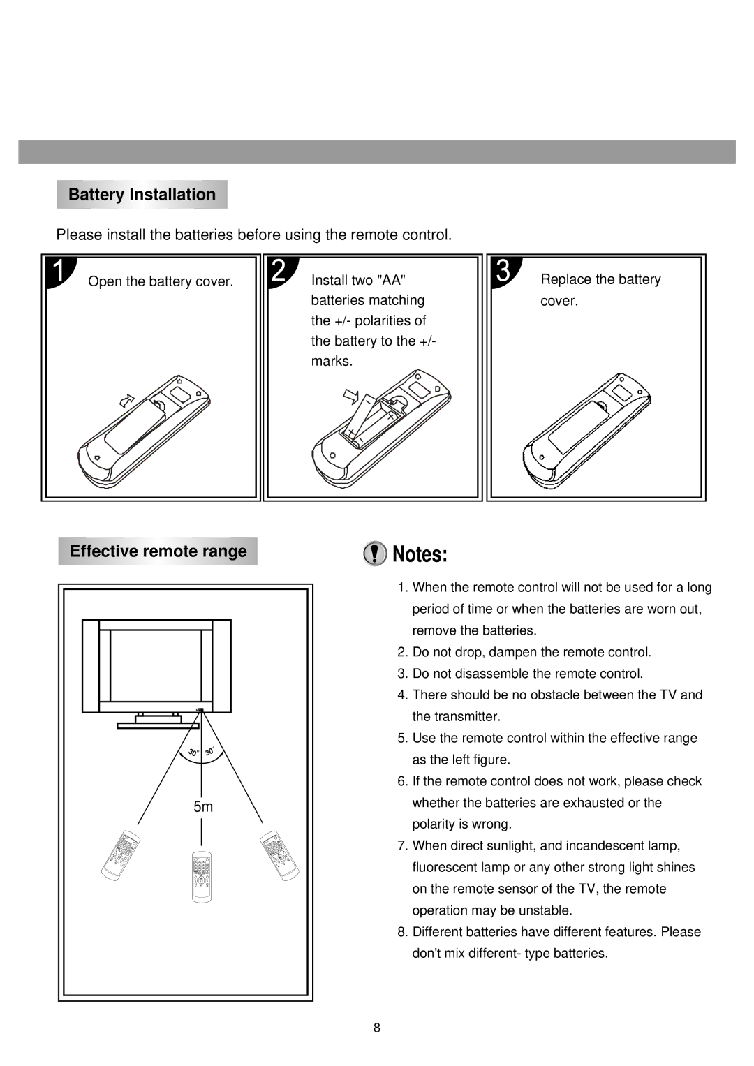 Palsonic TFTV-510 owner manual Battery Installation, Effective remote range 