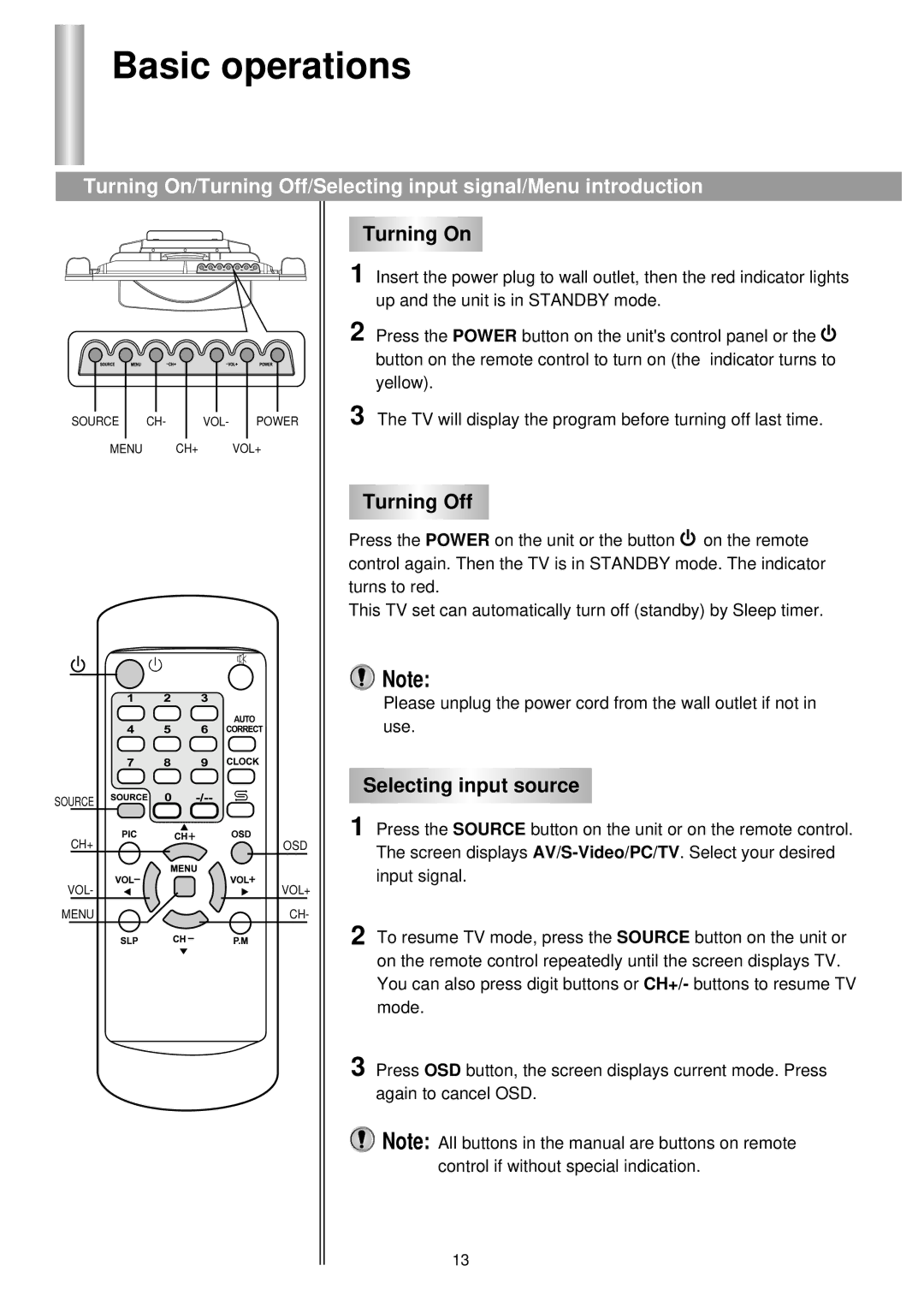 Palsonic TFTV-510 owner manual Basic operations, Turning On, Turning Off, Selecting input source 