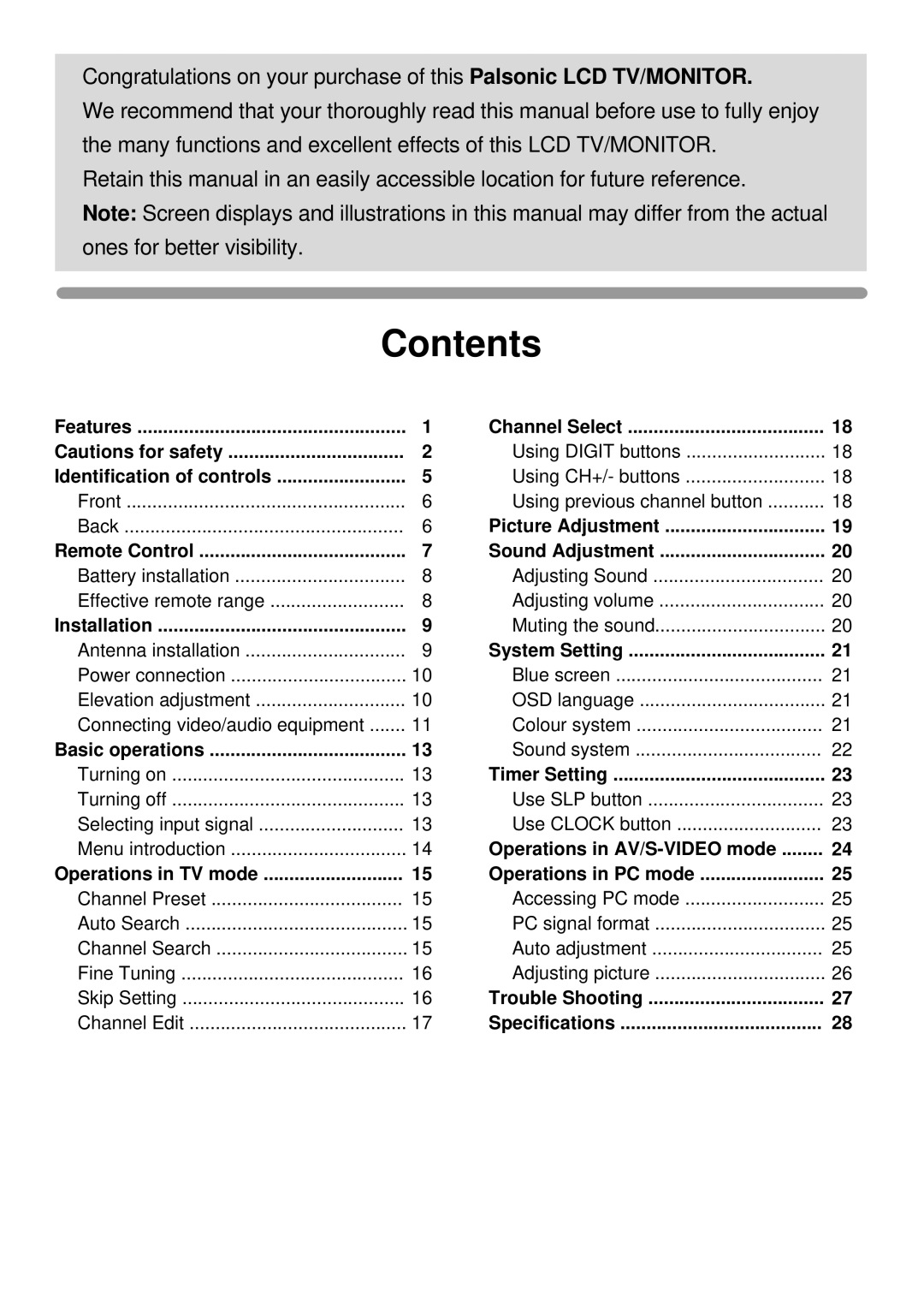 Palsonic TFTV-510 owner manual Contents 