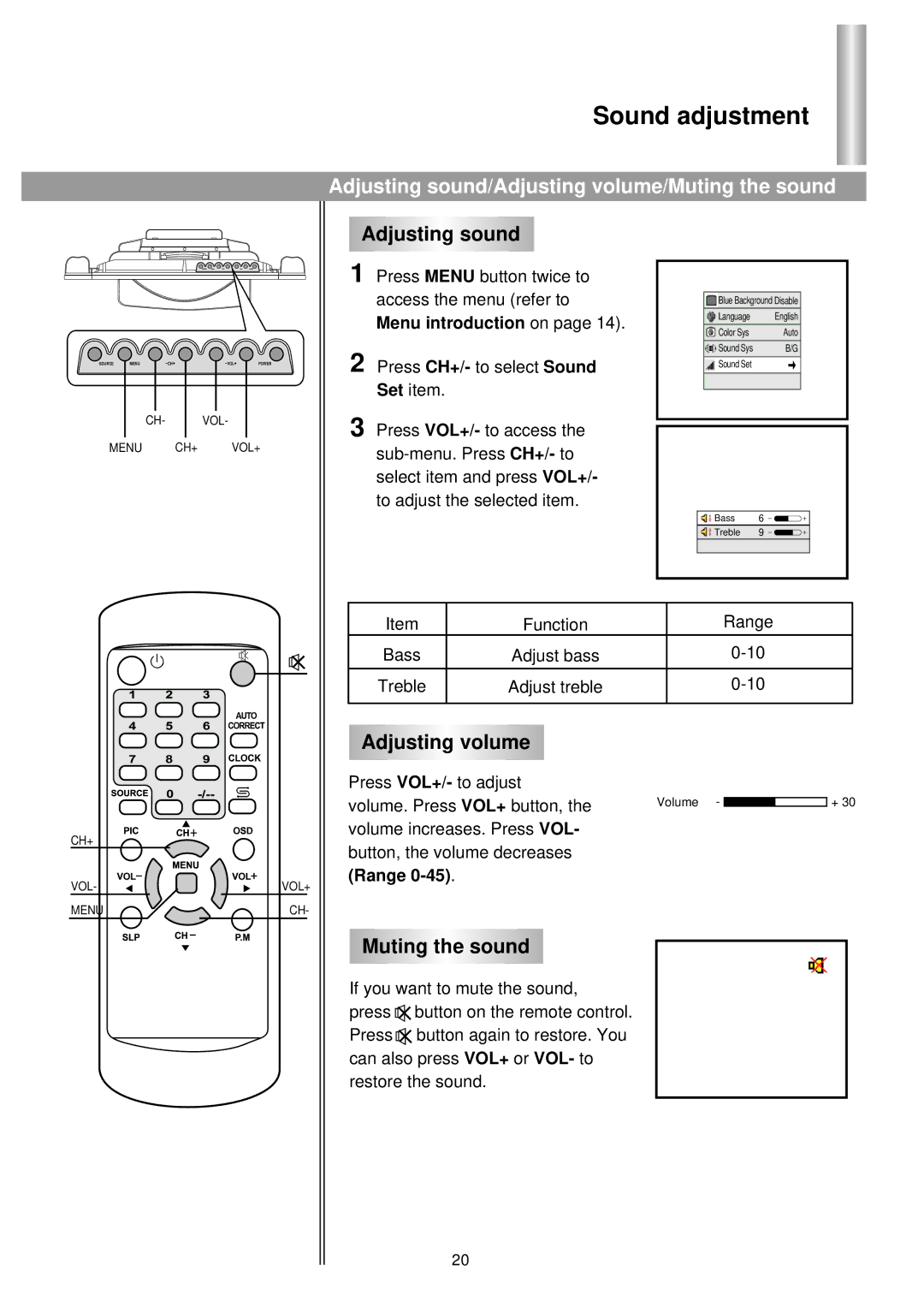 Palsonic TFTV-510 owner manual Sound adjustment, Adjusting sound/Adjusting volume/Muting the sound 