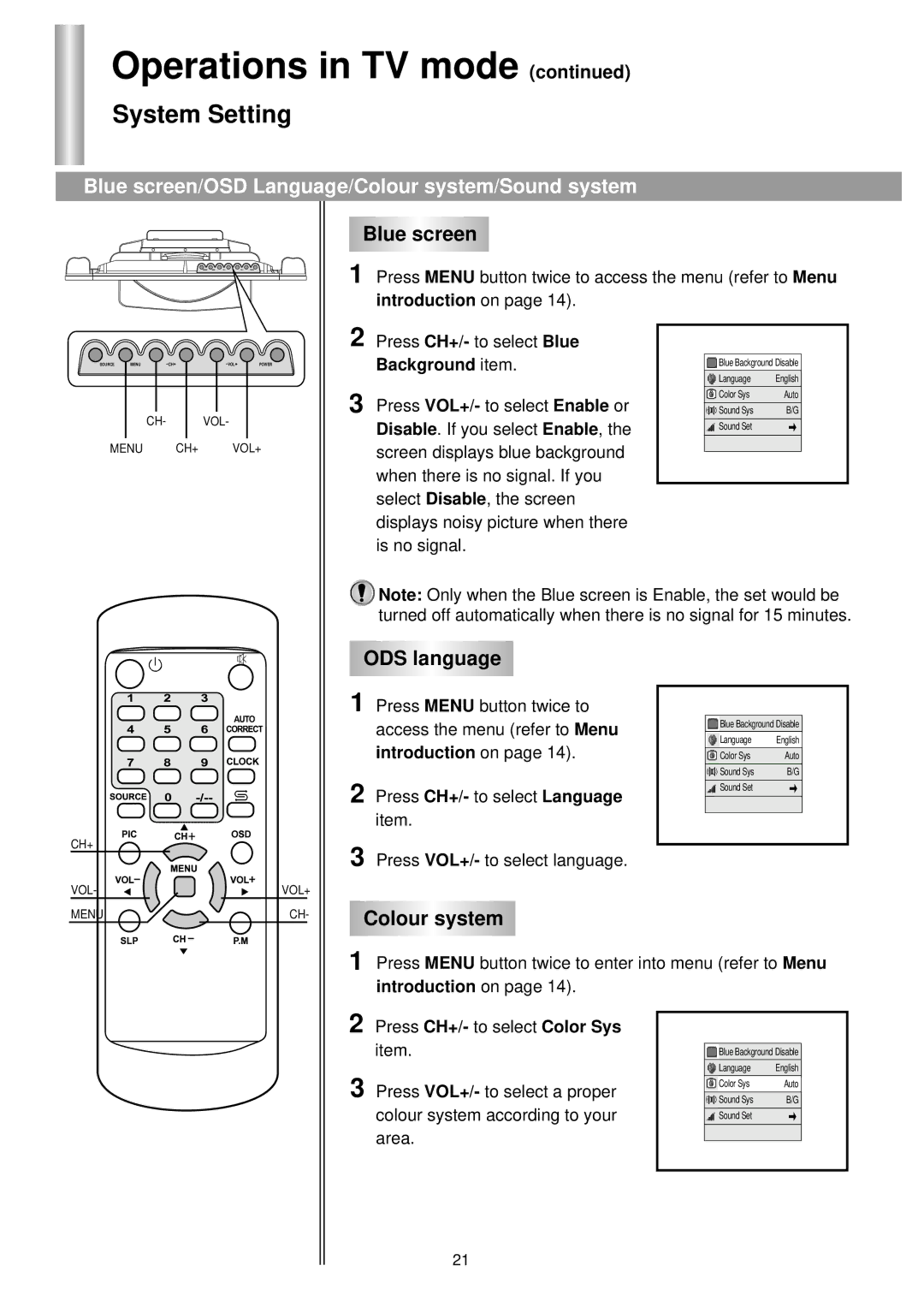 Palsonic TFTV-510 owner manual System Setting, Blue screen/OSD Language/Colour system/Sound system, ODS language 