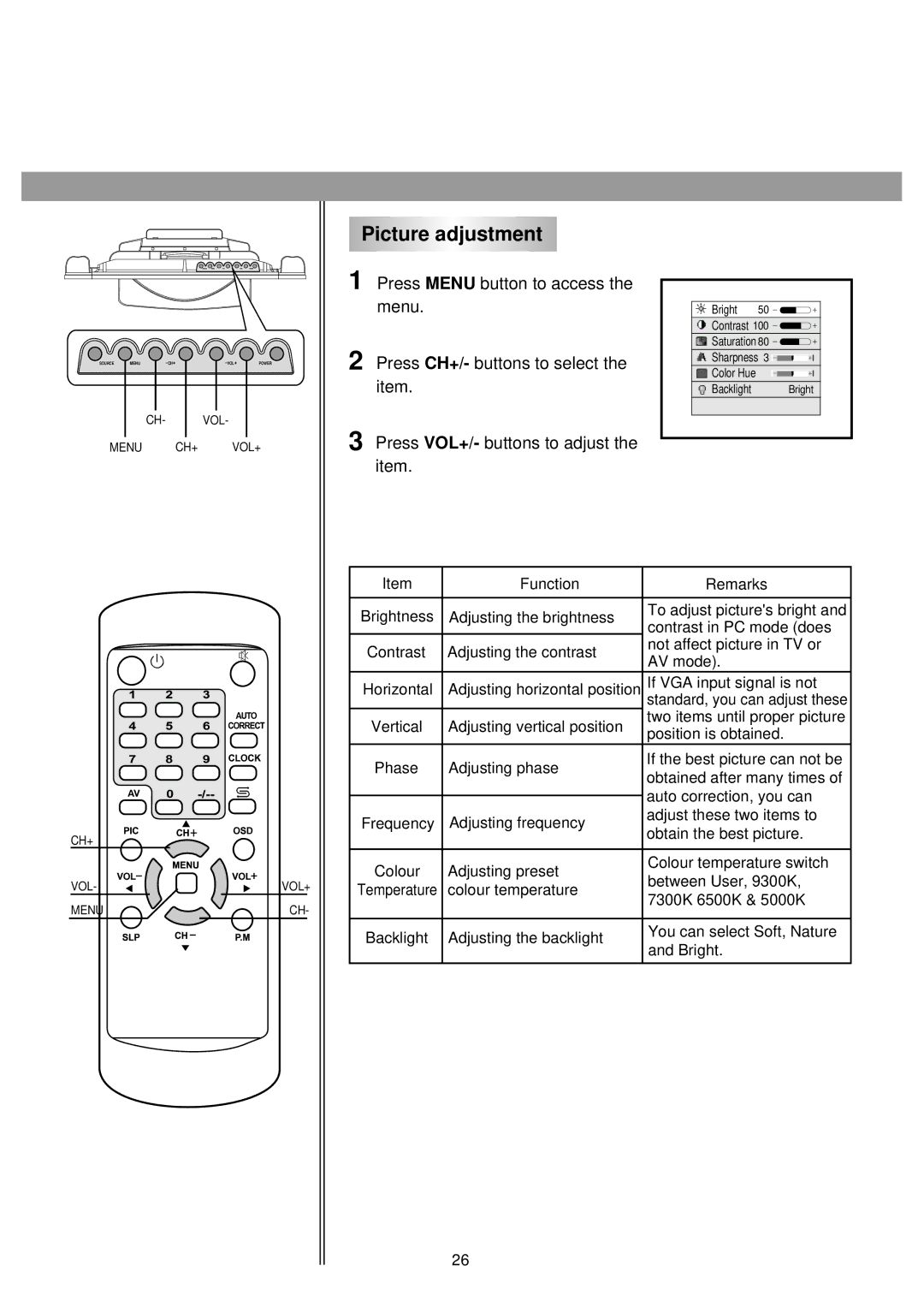 Palsonic TFTV-510 owner manual Picture adjustment 