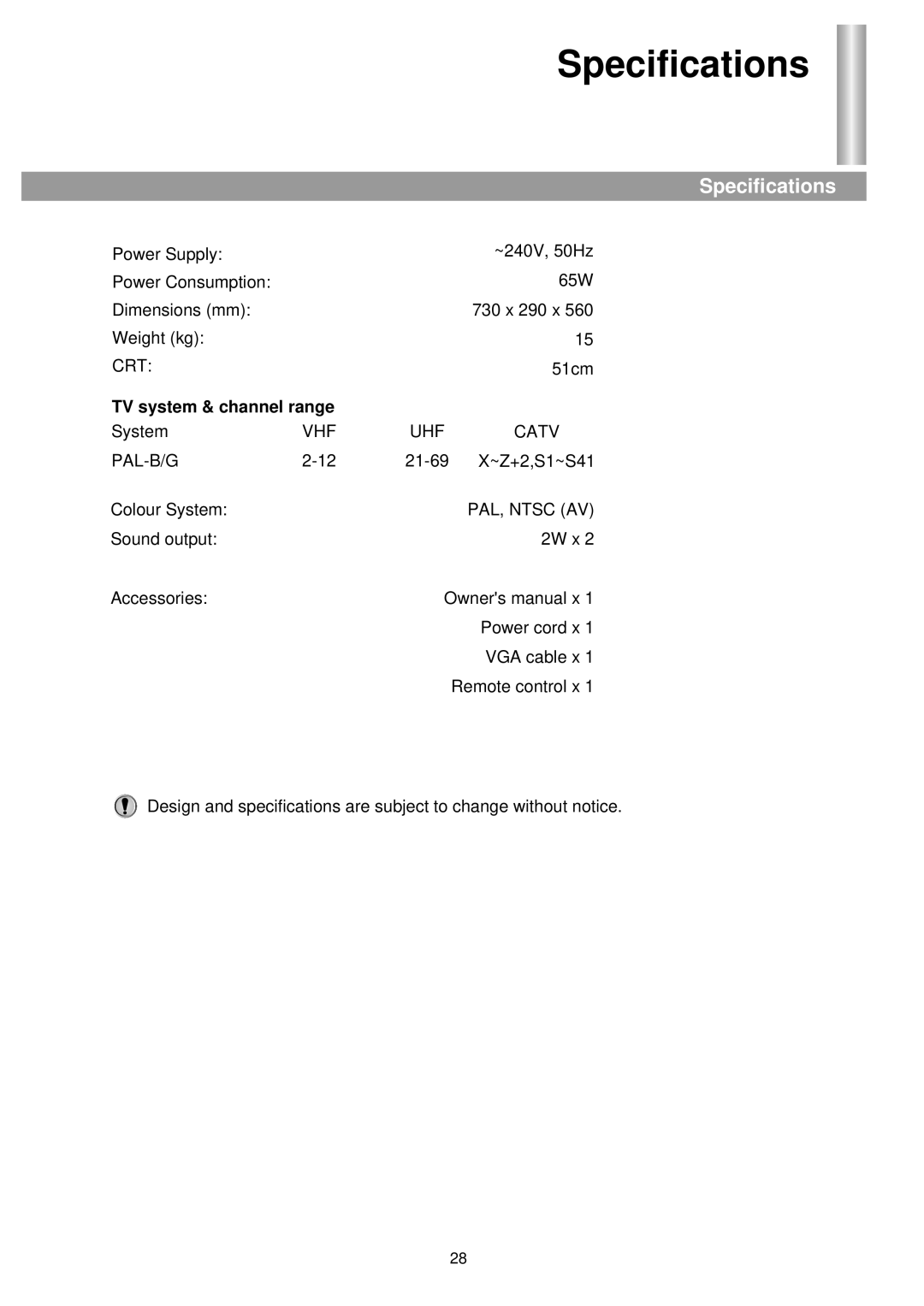 Palsonic TFTV-510 owner manual Specifications, TV system & channel range 