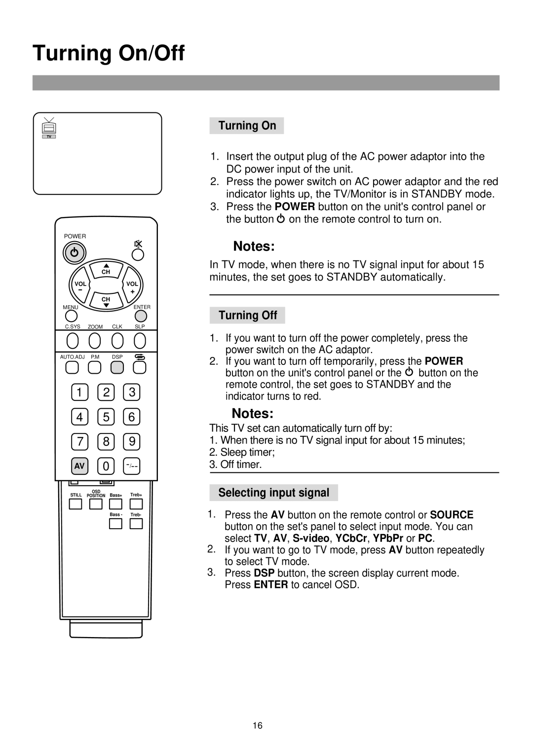 Palsonic TFTV-760 owner manual Turning On/Off, Turning Off, Selecting input signal 