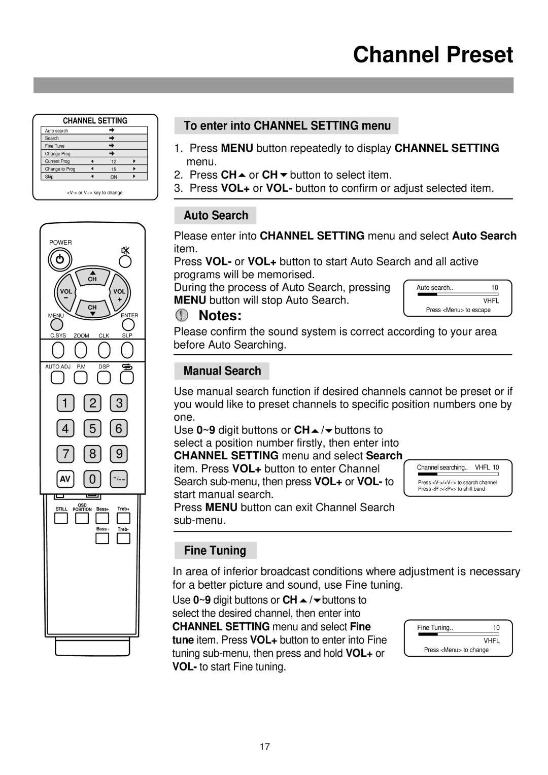 Palsonic TFTV-760 owner manual Channel Preset, To enter into Channel Setting menu, Auto Search, Manual Search, Fine Tuning 