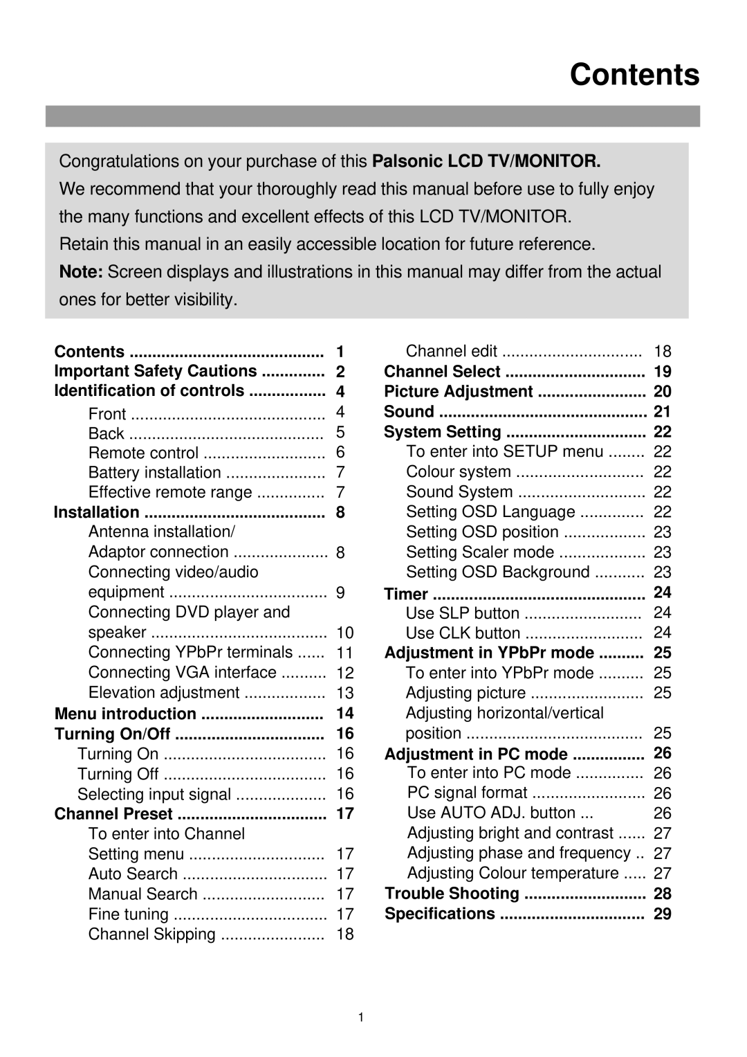 Palsonic TFTV-760 owner manual Contents 