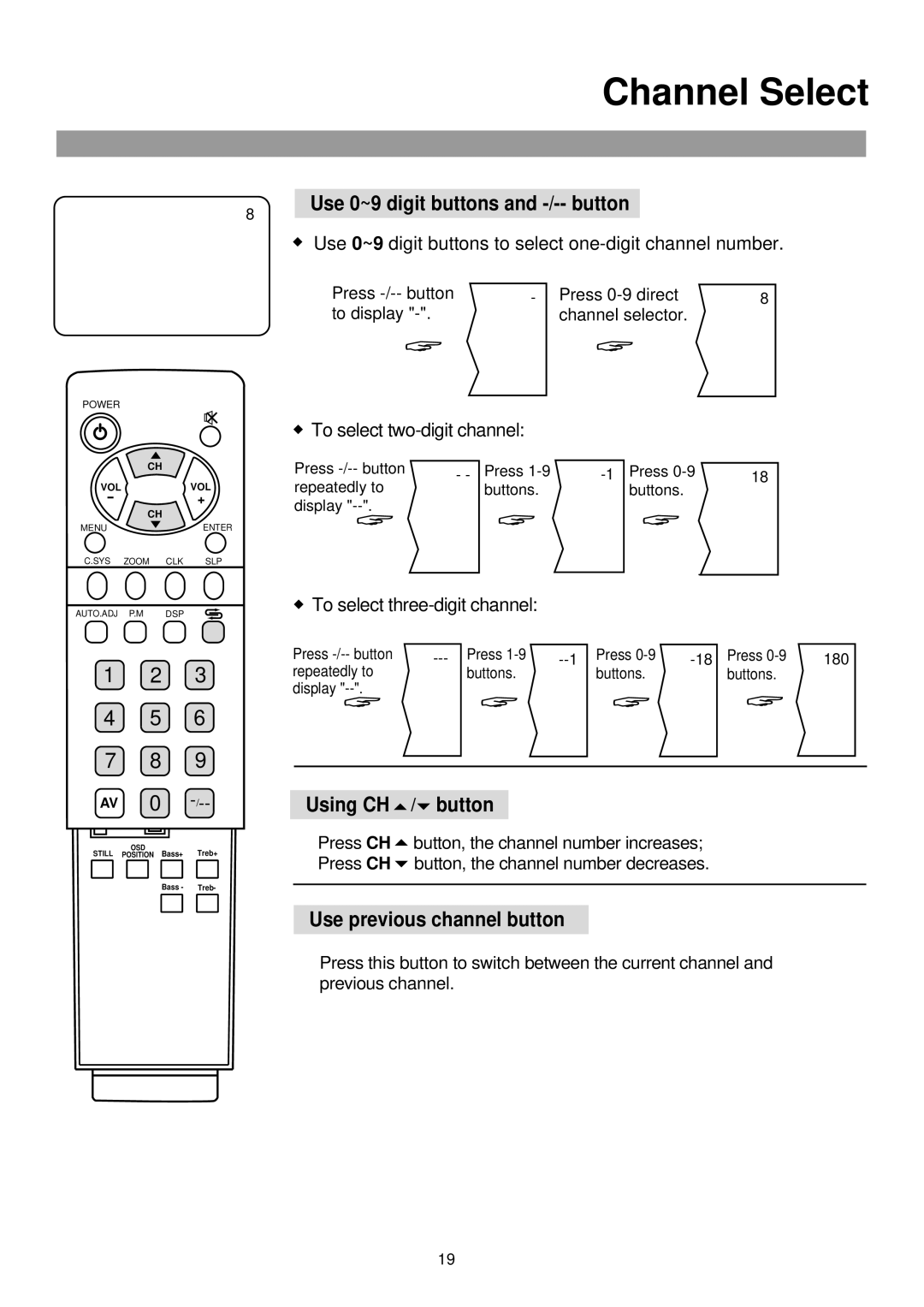 Palsonic TFTV-760 Channel Select, Use 0~9 digit buttons and -/-- button, Using CH / button, Use previous channel button 