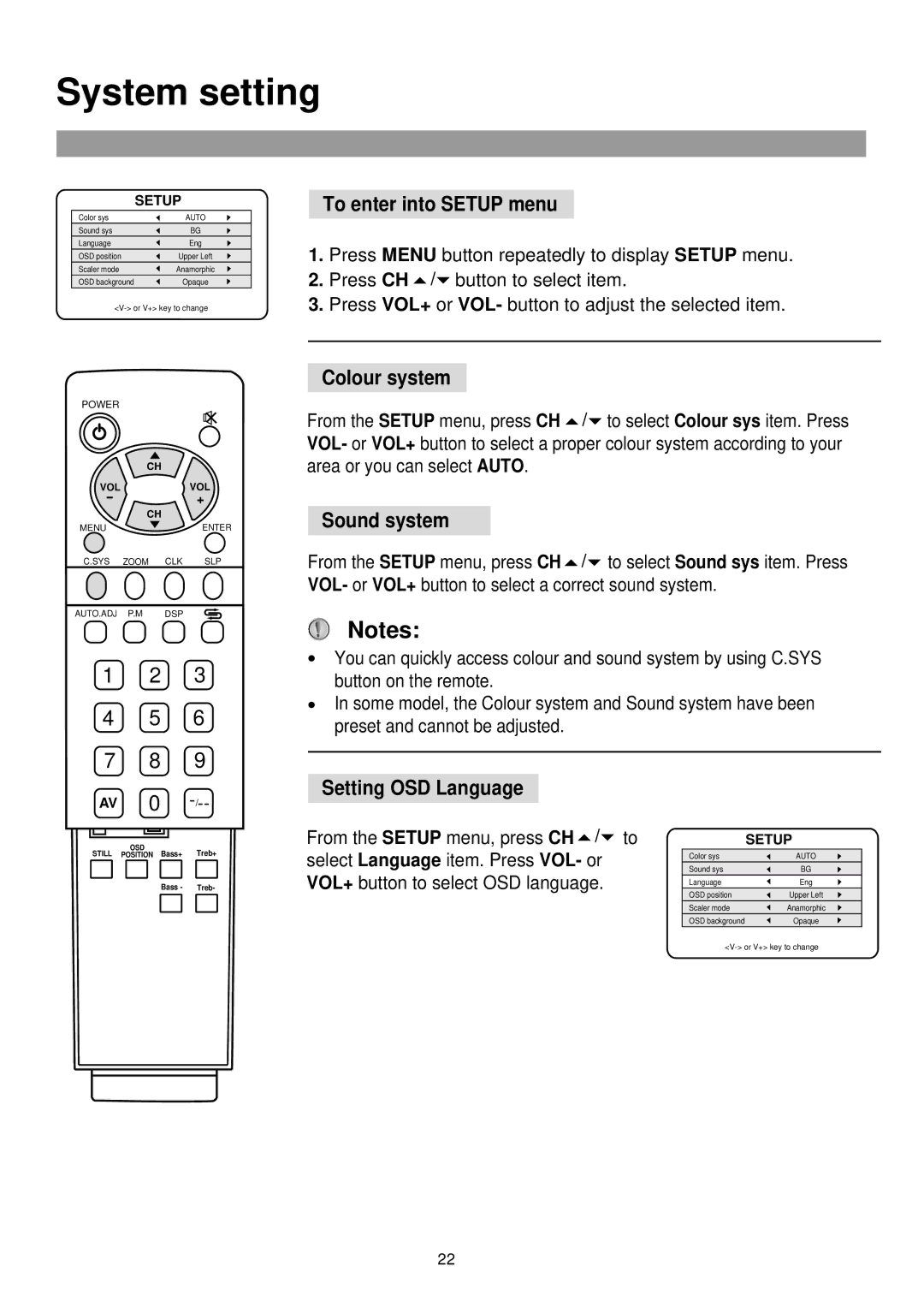 Palsonic TFTV-760 owner manual System setting, To enter into Setup menu, Colour system, Sound system, Setting OSD Language 