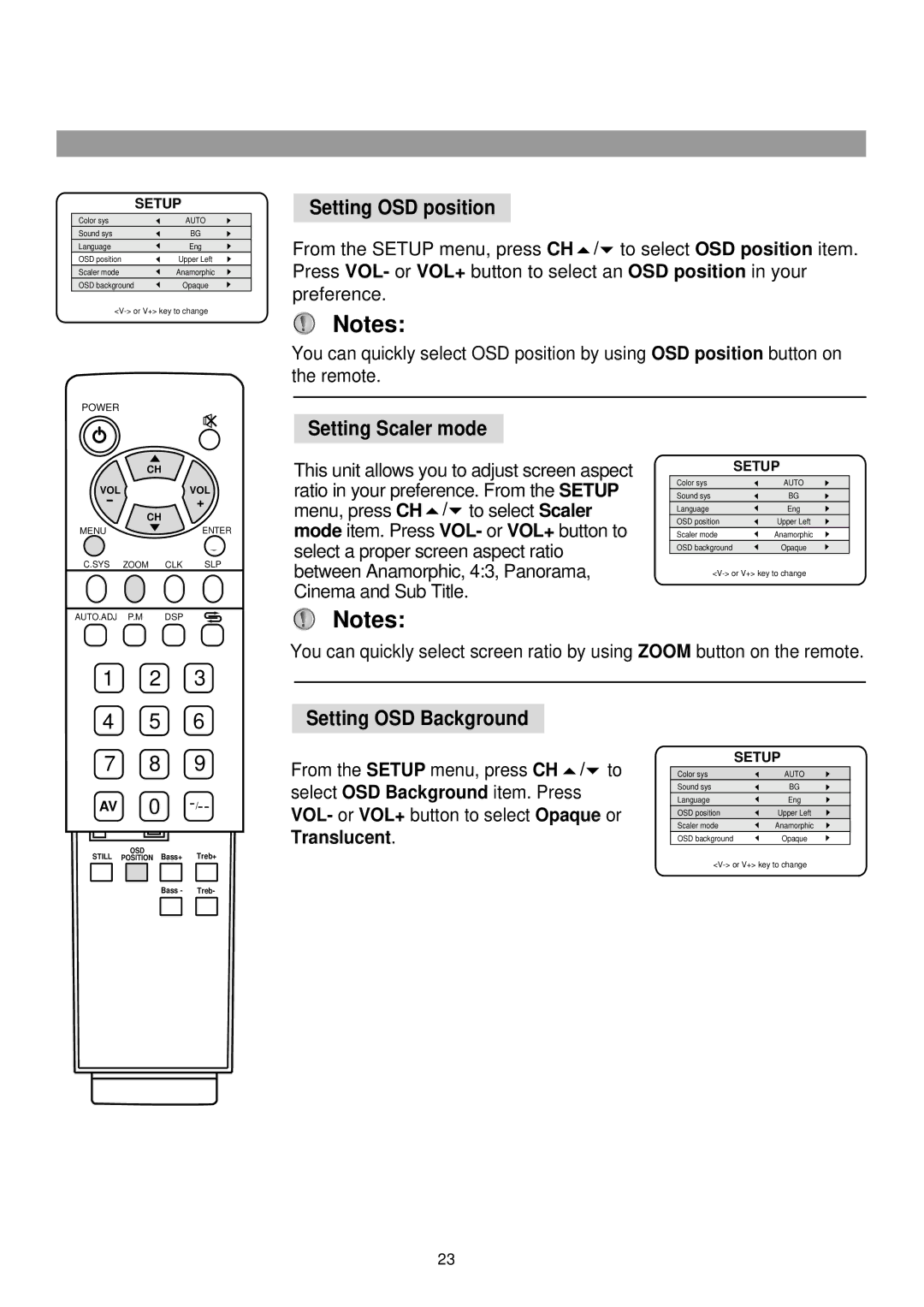 Palsonic TFTV-760 owner manual Setting OSD position, Setting Scaler mode, Setting OSD Background 